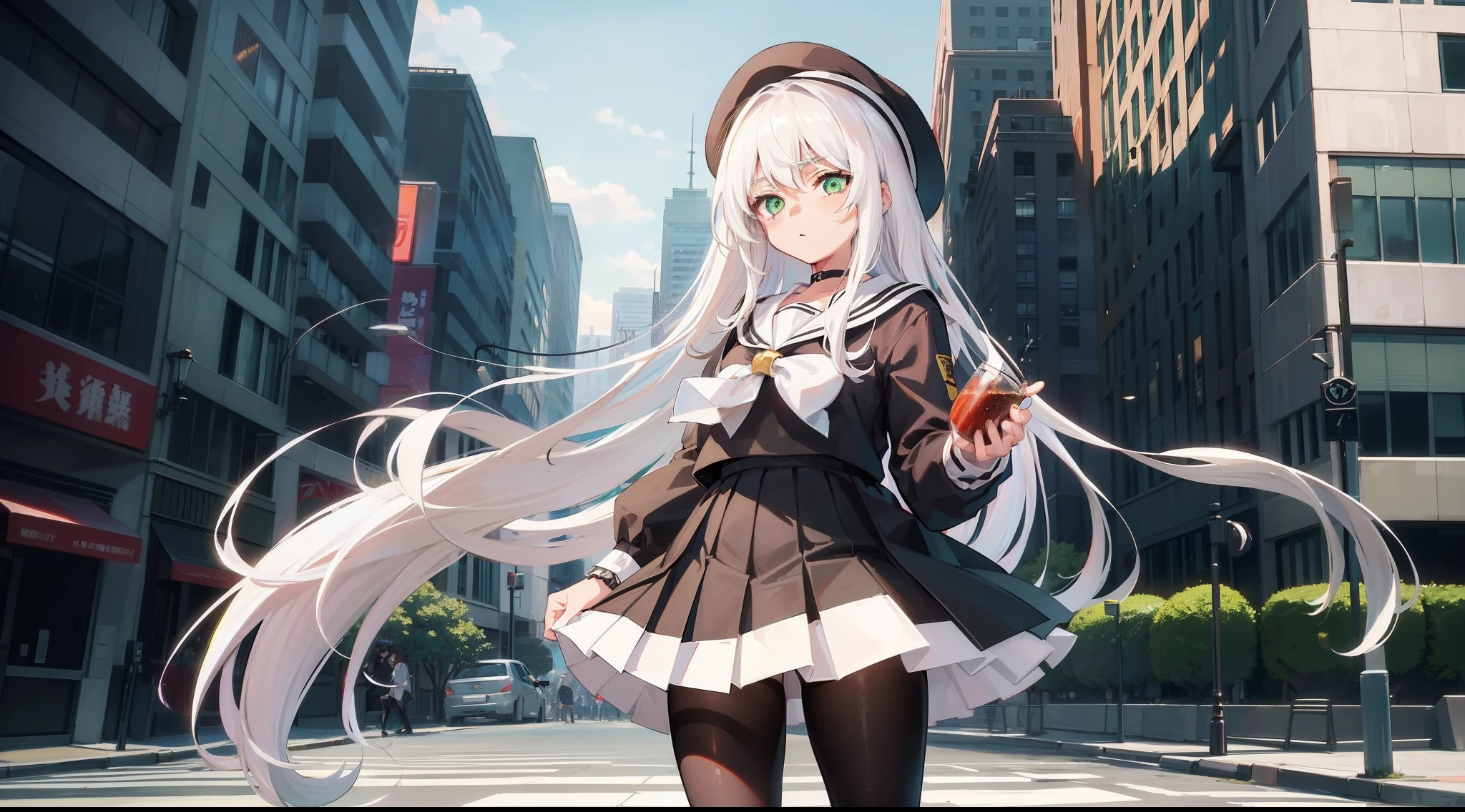 Long white hair, Green eyes, Black pleated skirt,Inside was a white sailor suit,Wearing black pantyhose, Plump body, An anime character, Only one person,Drinking brown drinks on the street