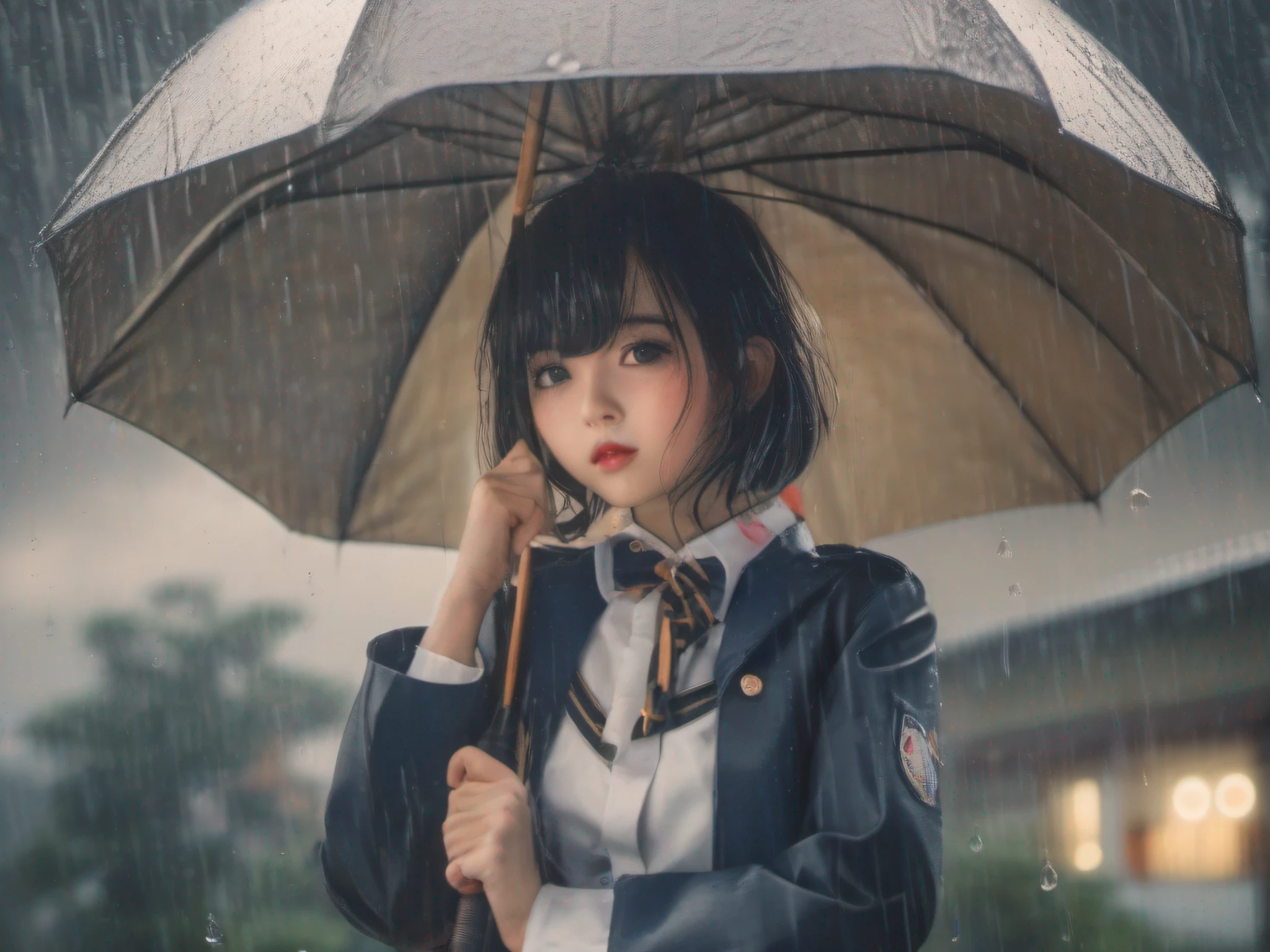 Japanese，Girl with short hair in uniform，raining day，Umbrella at your feet，Head on your head and kiss the rain