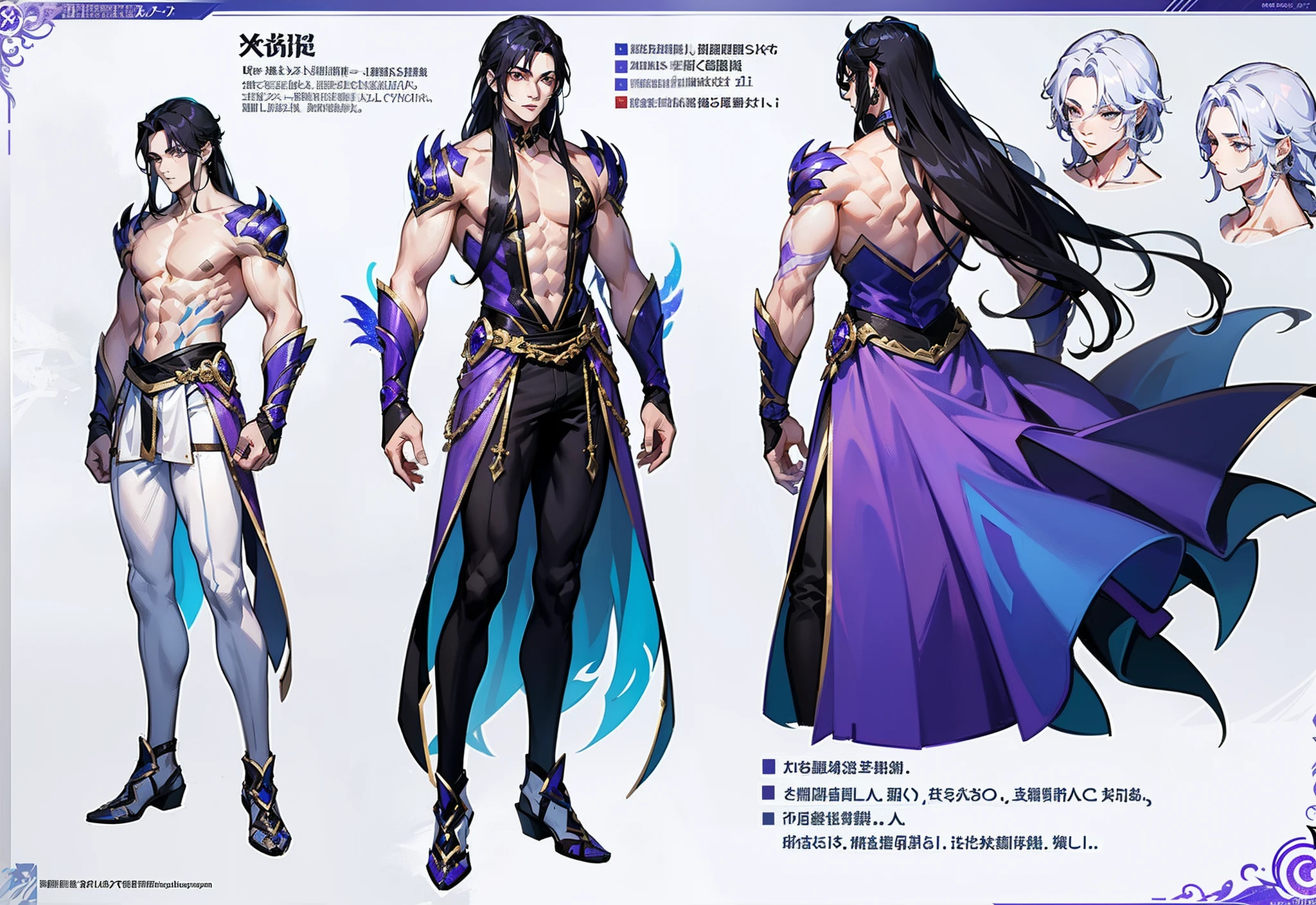 1boy, single, asian boy, reference sheet, character design, front angle, side angle, rear angle, dynamic poses, (masterpiece:1.2), (best quality:1.3), ice fantasy outfit, muscle body, athletic body. (Purple eyes), (long hair), (long bangs), (black hair), (pale skin), lean (reference sheet:1.5)