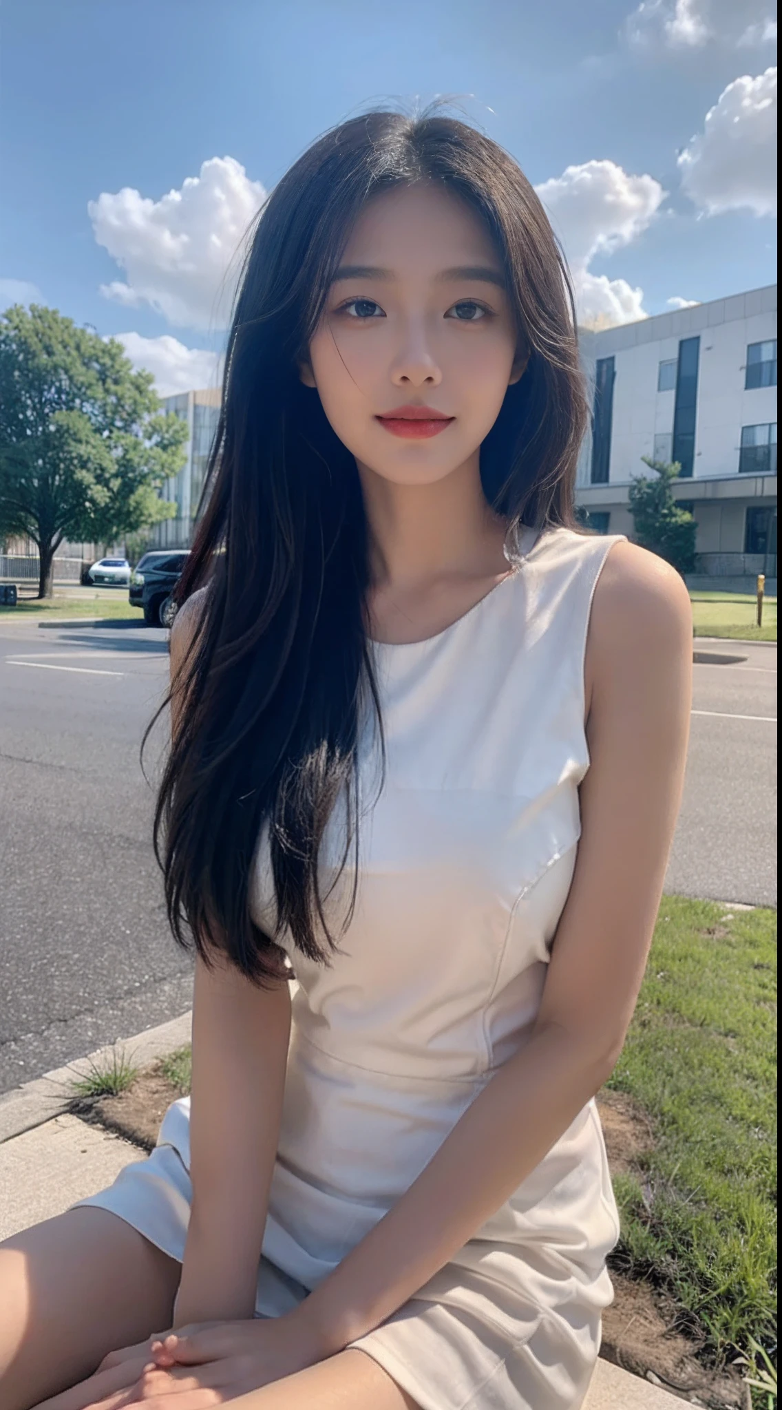 ((Best Quality, 8K, Masterpiece:1.3)), A beautiful girl, pure, melon face, gentle and cute, sweet smile, pure desire, thin figure, (frontal), (tilted head), looking directly at the camera, uniform, obi, formal, black silky long straight hair, long hair flowing over the shoulders, round black big eyes, clear big eyes, moist red lips, sweet, sitting on the side of the road, blue sky and white clouds, grass, buildings,