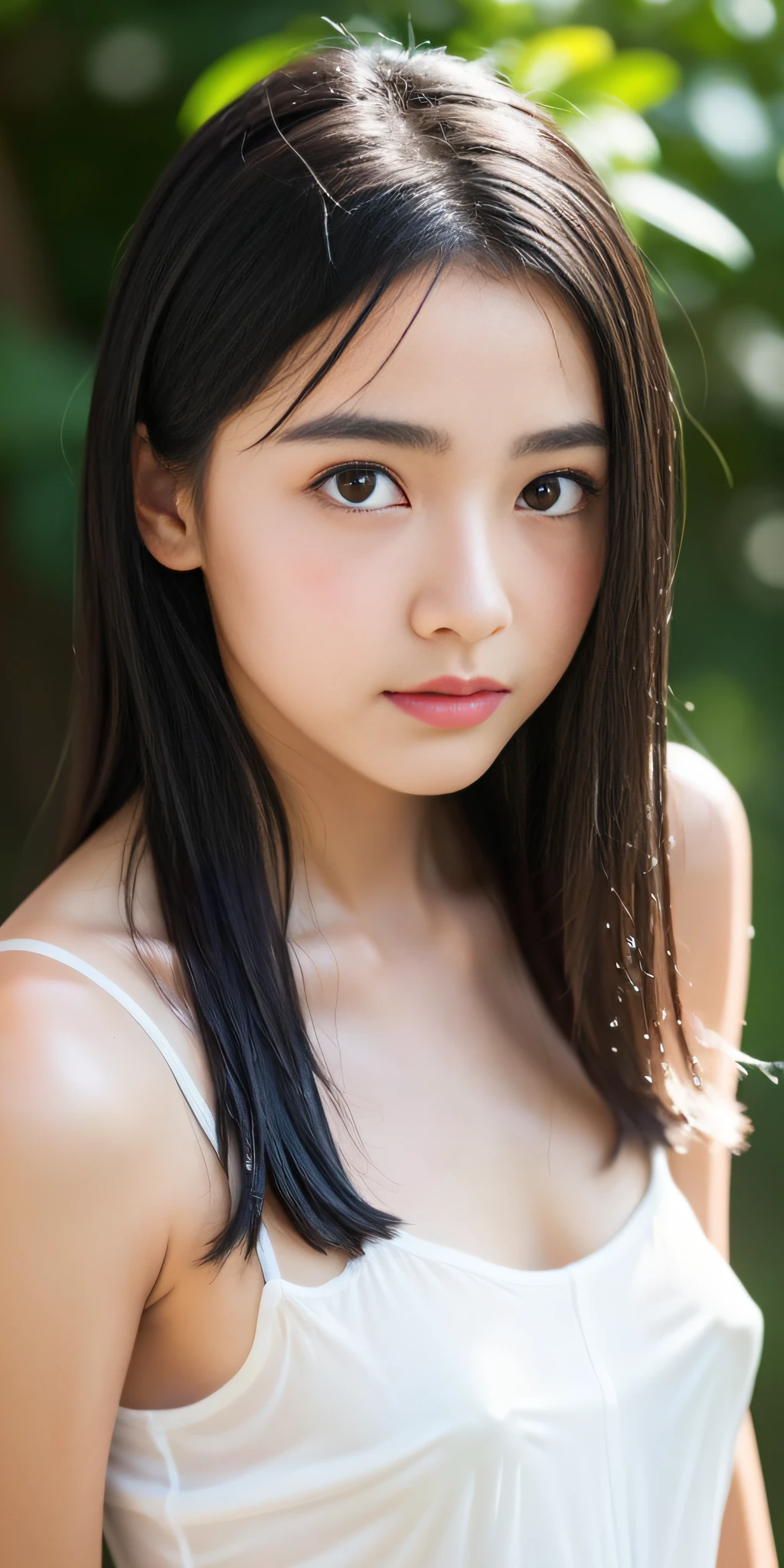 neat college girl、ite person、(Long white silk camisole、white panties)、Outside the field、(Slimed、small tit、flat boobs、small tit)、Photorealsitic、detaileds, Skin Texture, ultra-detailliert、Delicate and sexy collarbone、Super Detailed Face、Detailed lips、A detailed eye、二重まぶた、14 rl、Sexual facial expressions、Wet body、((Nipple bumps、Wet White Sheer Camisole))