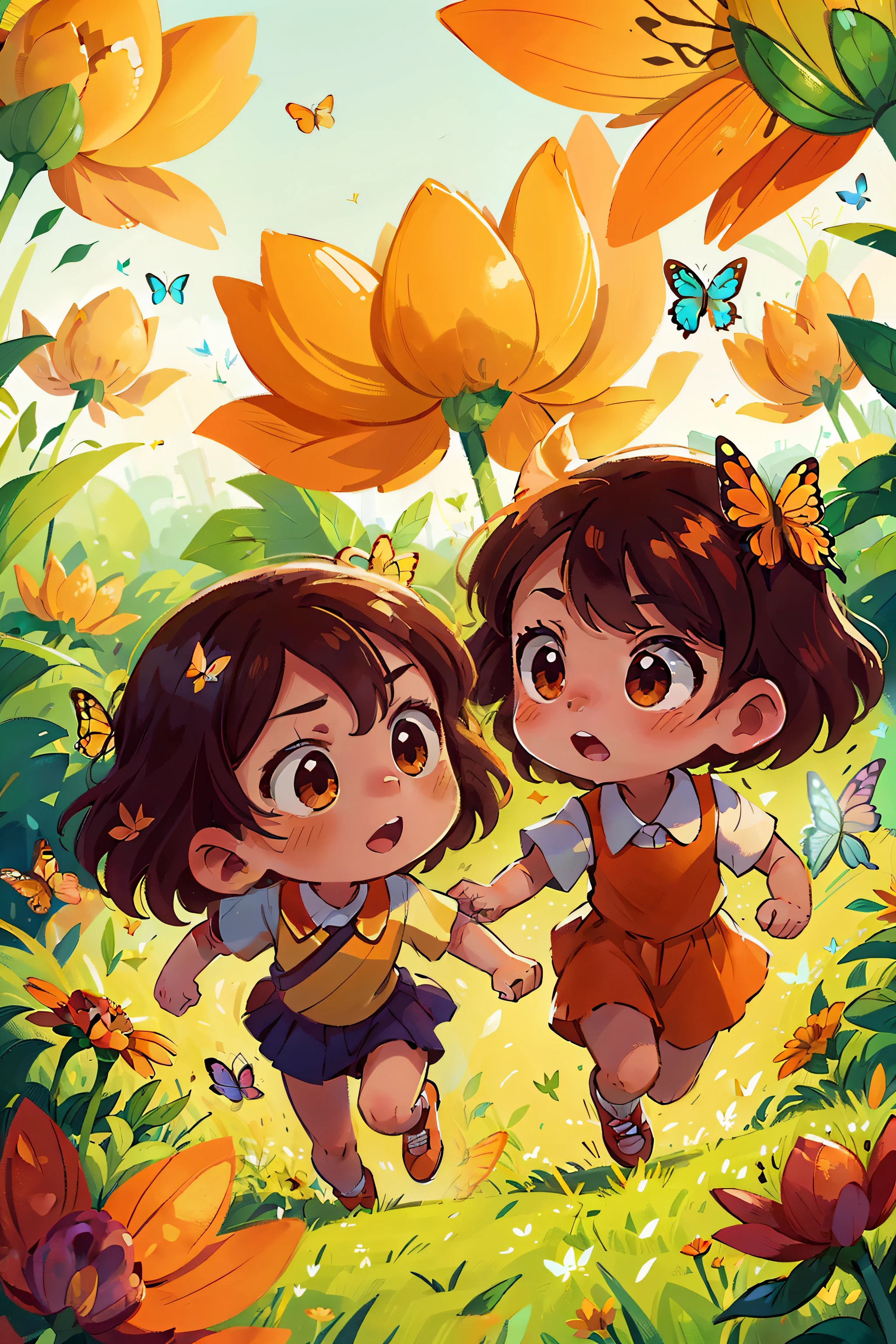 Generates an image of two very young girl running happily in a flowery field, surrounded by butterflies of various shades of color, Delicate Beautiful Face With Alluring orange Eyes, Sharp , view from above