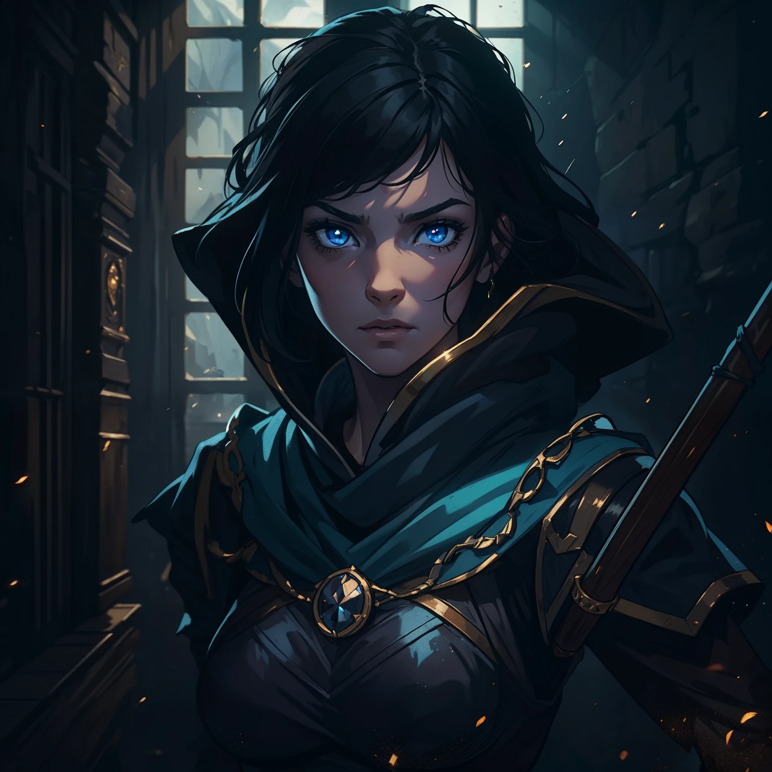 A portrait of a beautiful woman, a warrior with blue eyes and short, black hair wearing combat costumes, costumes for medieval fighting training, she is in a dark room, with moonlight being the only source of light coming in through the window., a well-contrasted image drenched in mystery we can barely see her face through the darkness many well-marked shadows and a special focus on contour lights cinematic lights a dramatic lighting dramatic pose of profile an environment full of magic shadows and mysteries in a medieval art RPG art a detailed and approximate art a medieval RPG art RPG art game art banner art she has a dark aura because she is evil she's a villain