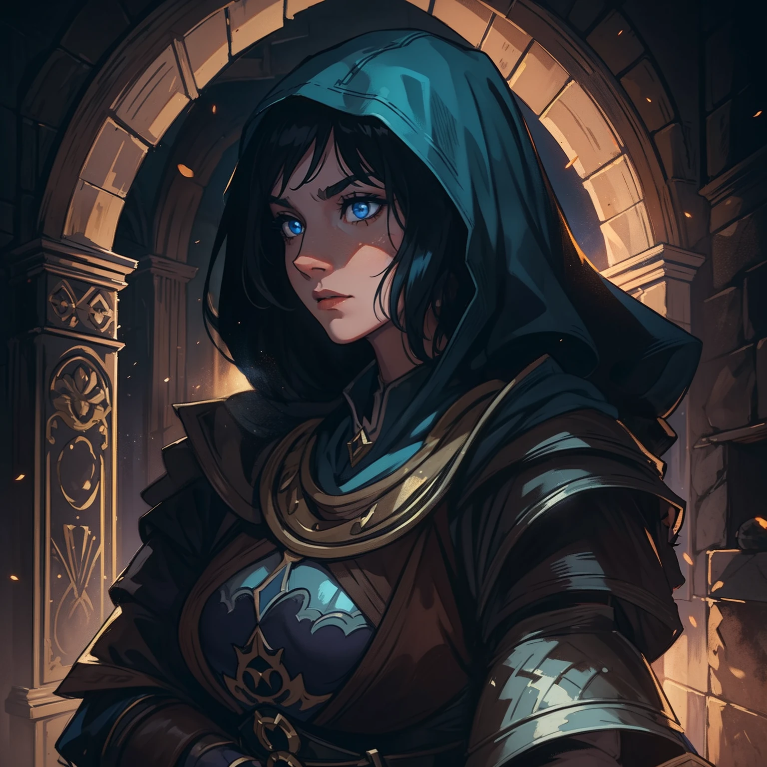A portrait of a beautiful woman, a warrior with blue eyes and short, black hair wearing combat costumes, costumes for medieval fighting training, she is in a dark room, with moonlight being the only source of light coming in through the window., a well-contrasted image drenched in mystery we can barely see her face through the darkness many well-marked shadows and a special focus on contour lights cinematic lights a dramatic lighting dramatic pose of profile an environment full of magic shadows and mysteries in a medieval art RPG art a detailed and approximate art a medieval RPG art RPG art game art banner art she has a dark aura because she is evil she's a villain
