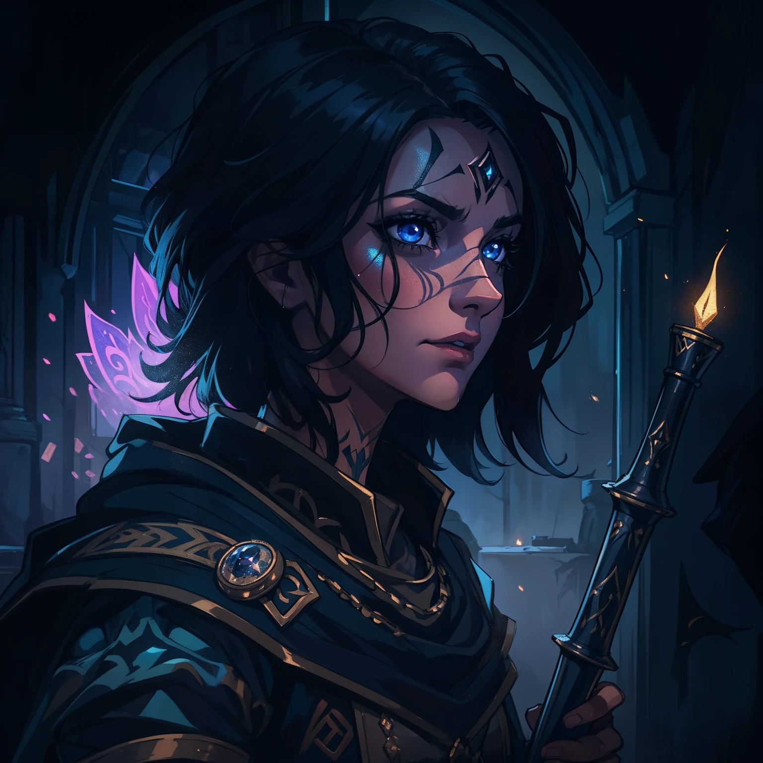 A portrait of a beautiful woman, a warrior with blue eyes and short, black hair with a magical tattoo, magic on her face, she is wearing combat costumes, costumes for medieval fighting training, she is in a dark room with moonlight being the only source of light coming in through the window., a well-contrasted image drenched in mystery we can barely see her face through the darkness many well-marked shadows and a special focus on contour lights cinematic lights a dramatic lighting dramatic pose of profile an environment full of magic shadows and mysteries in a medieval art RPG art a detailed and approximate art a medieval RPG art RPG art game art banner art she has a dark aura because she is evil as a villain