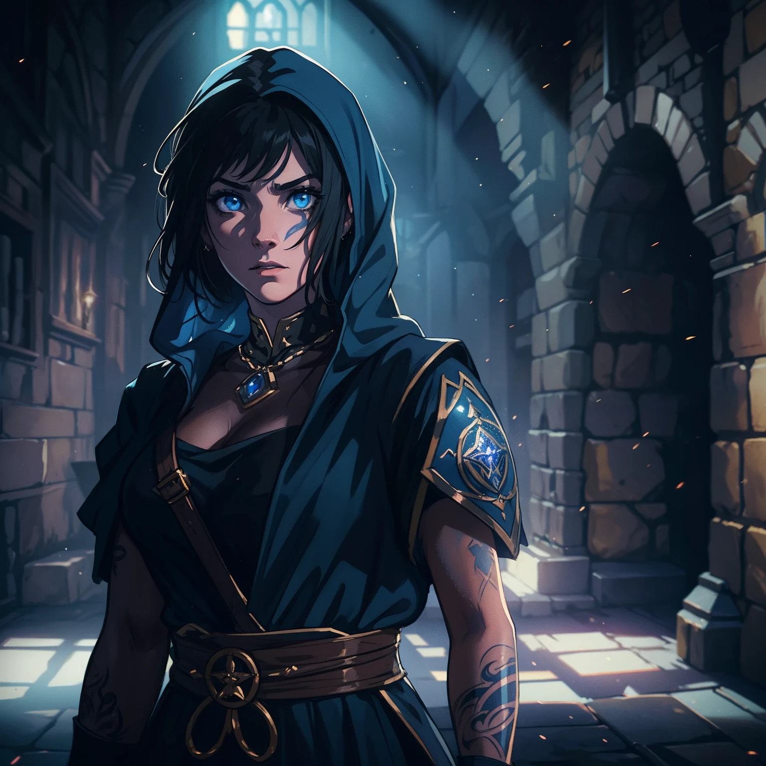 A portrait of a beautiful woman, a warrior with blue eyes and short, black hair with a magical tattoo, magic on her face, she is wearing combat costumes, costumes for medieval fighting training, she is in a dark room with moonlight being the only source of light coming in through the window., a well-contrasted image drenched in mystery we can barely see her face through the darkness many well-marked shadows and a special focus on contour lights cinematic lights a dramatic lighting dramatic pose of profile an environment full of magic shadows and mysteries in a medieval art RPG art a detailed and approximate art a medieval RPG art RPG art game art banner art she has a dark aura because she is evil as a villain