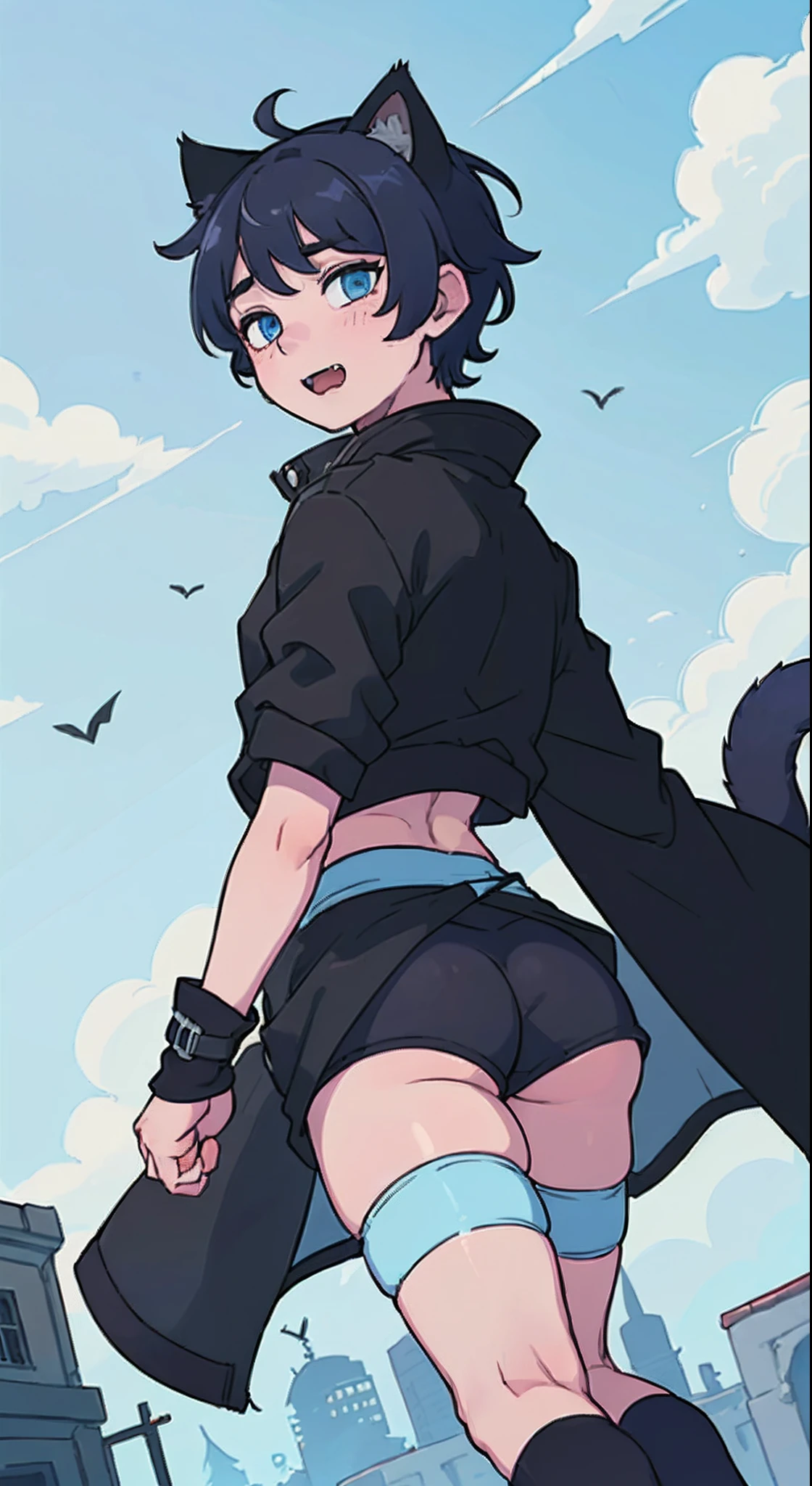 ((((((1boy)))))), fluffy dark blue hair, ((big sharp cat ears)), cat tail, slim figure, ((pale skin)), sky blue eyes, joyful, big thighs, big butt, fangs, slim waist, lean figure, skin pale, (((bulge))), black booty gym shorts, black thigh socks, black coat, twink