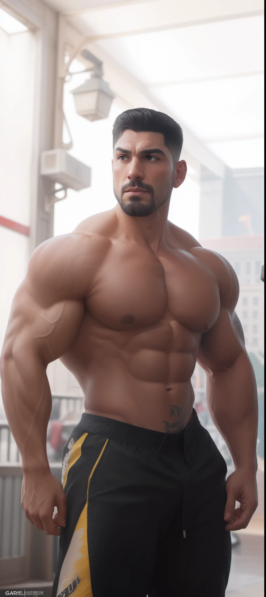 A hyper muscular Latin dad portrayed as a Andrei Deiu, tattoos, big arms, big pecs, portrait, no signature,fantasy, intricate, elegant, digital painting, trending on artstation, concept art, sharp focus,moby, octane render, 8k, unreal engine. art by artgerm and greg rutkowski and alphonse mucha, centered, male focus