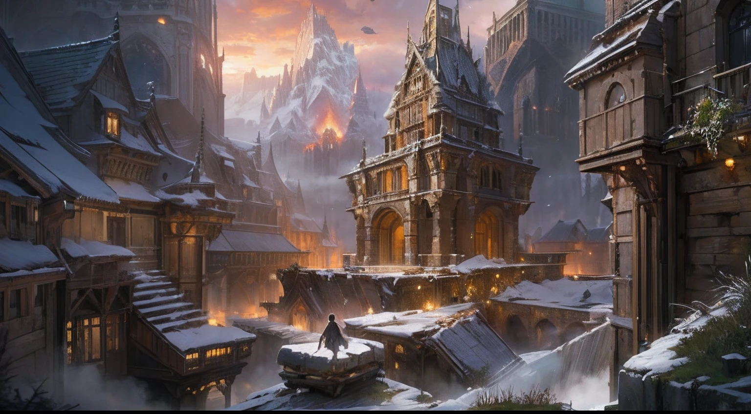 "(by Greg Rutkowski: 1.2), (masterpiece), (best quality), extremely delicate and beautiful, illustration, (fantasy landscape), depth of field, HDR, intricate, delicate, (No human presence), photorealistic depiction, live action feel, creating a visual masterpiece with the best possible quality. (Highlighting the fantastic elements of dwarven city, emphasizing the effects of collapse and severe weathering). Providing a distant view that captures the grandeur and atmosphere."