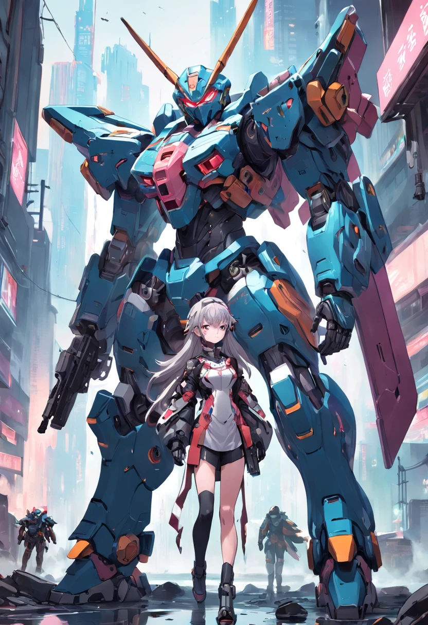 (award winning 64k concept art:1.3) of (young woman in front of army of giant robots:1.3), close to camera, sweet, front, epic, (masterpiece:1.4), (best quality:1.4), Amazing, beautiful, finely detailed, (Depth of field:1.4), extremely detailed 64k, fine art, stunning, (light reflections:1), (crisp:1.6), red twin tails, vibrant, (edge detection:1.4), absurdres, impressive, 120mm, clear, lens flare, wide shot, wide angle, colorful