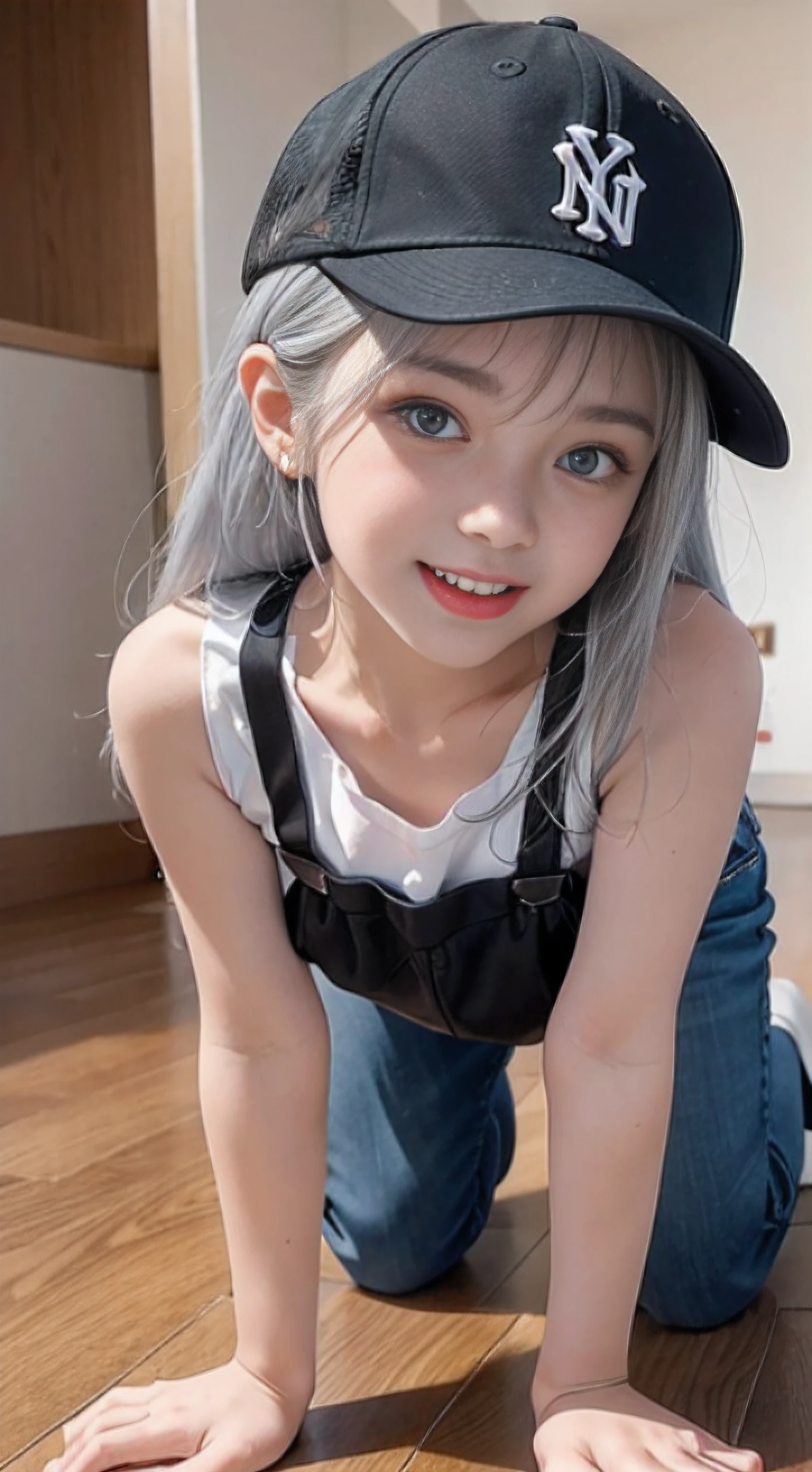 1girll(18yr old), Silver hair、A smile full of happiness、Green eye contact, Young face、Omouq、Incredibly cute,Panting Face、lack、After being attacked、full of sweat、Expressions in a state of excitement、Long hair、on the floor on all fours、Looks Back、Look from behind the diagonal、Baseball costumes、Black lace suspenders、New York baseball cap