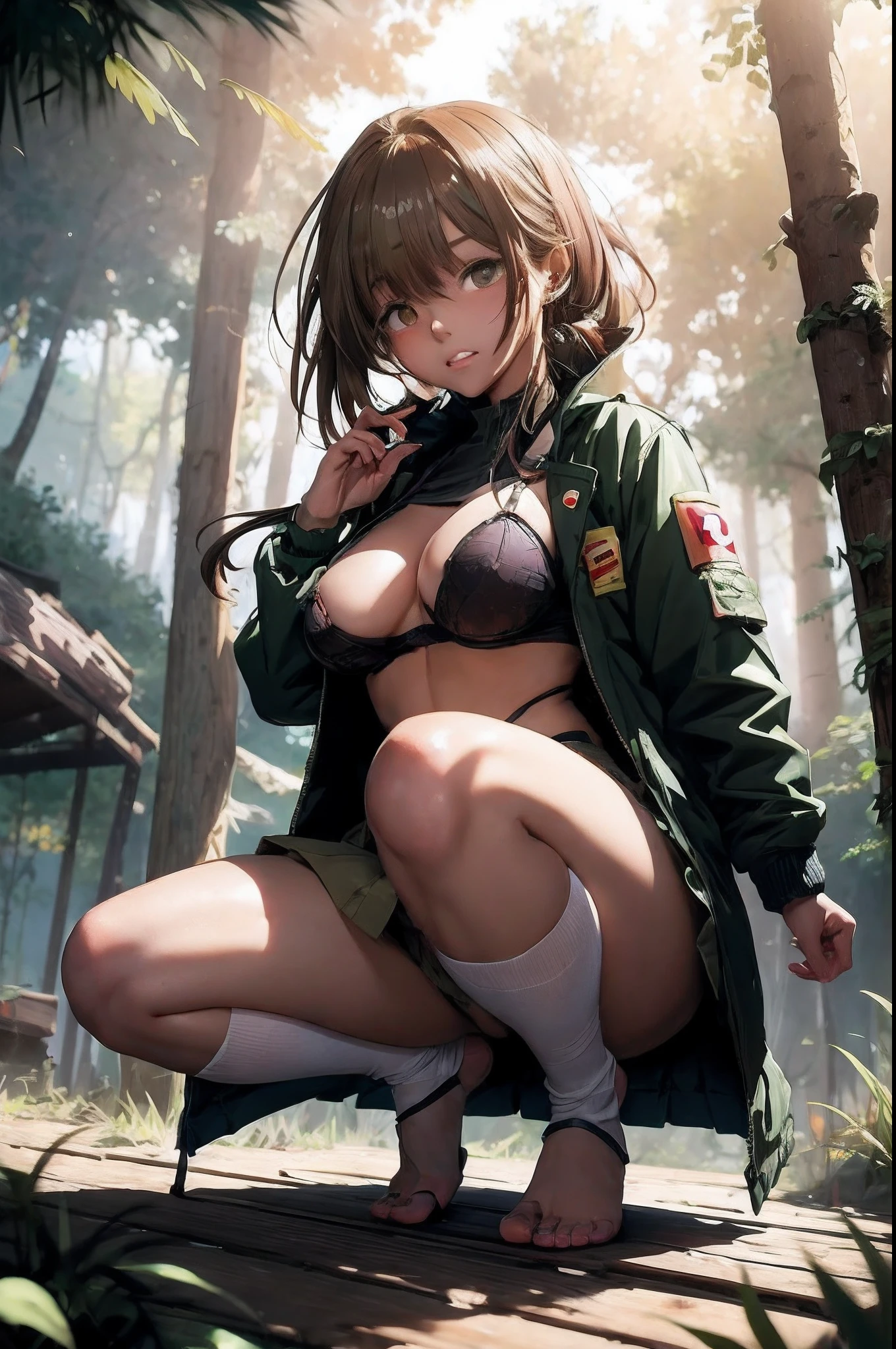 Anime girl kneeling on a bench in the forest wearing a jacket, seductive anime girls, Artstation Pixiv(Artstation Pixiv)of Goo Ways, guweiz on pixiv artstation, artwork in the style of guweiz, guweiz, Makoto Shinka, trending on artstation pixiv, smooth anime cg art, beautiful anime girl squatting