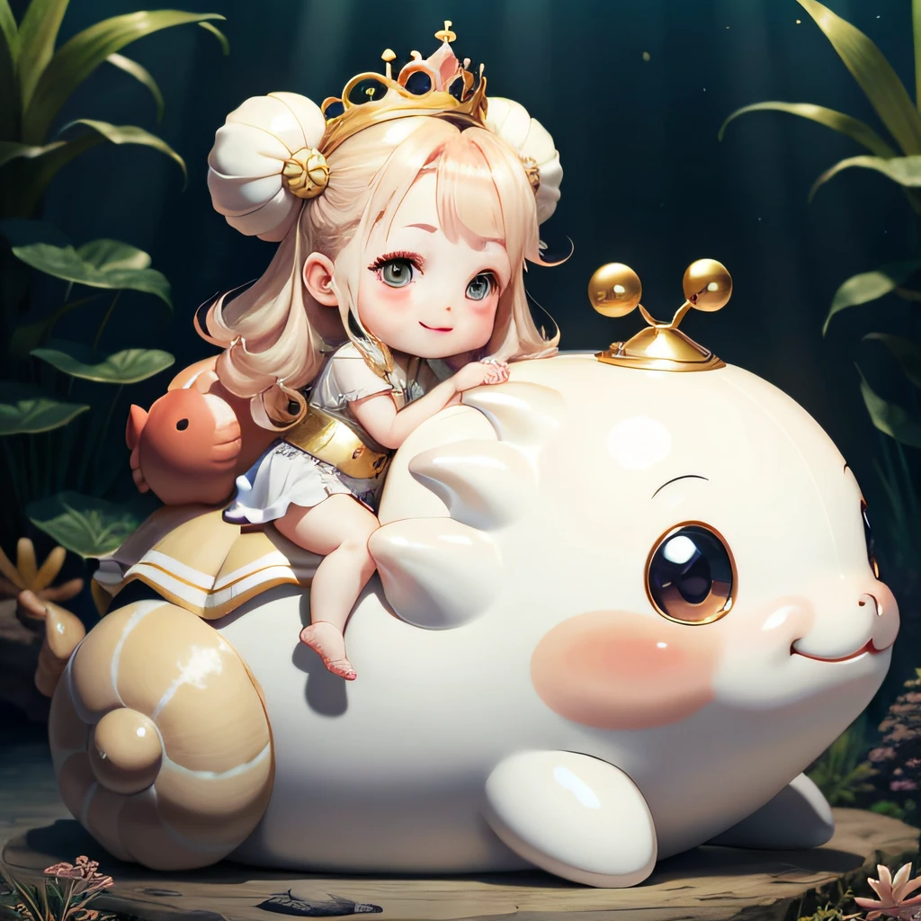 Cute baby chibi anime,Venus,The best smile,Sitting on a large rouge snail，long light gold hair,Royal Aquarium.Cold white skin