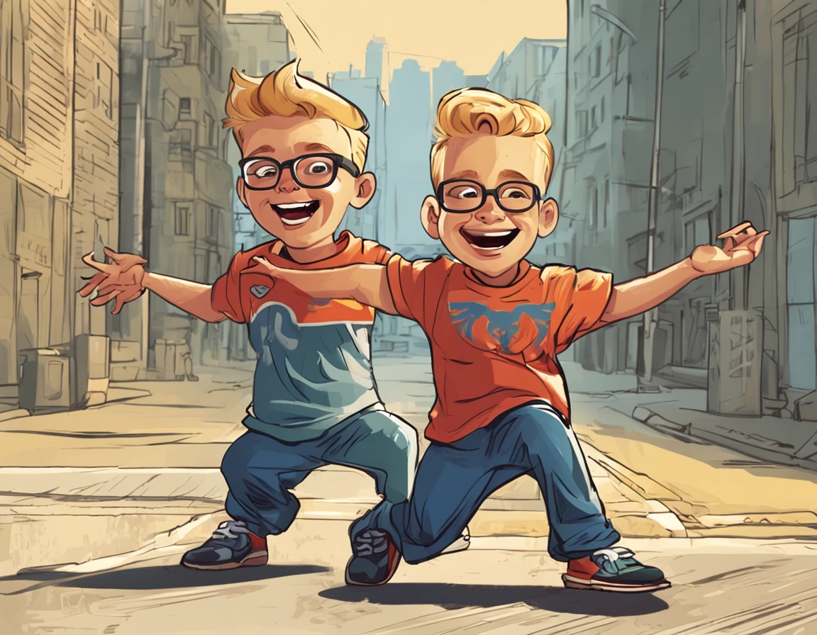 mascot blond boy, 22 years old, with glasses, smiling, with dark blue shirt, in 3 positions, 1st position arms crossed, 2nd position waving, 3rd position arms on waist, different