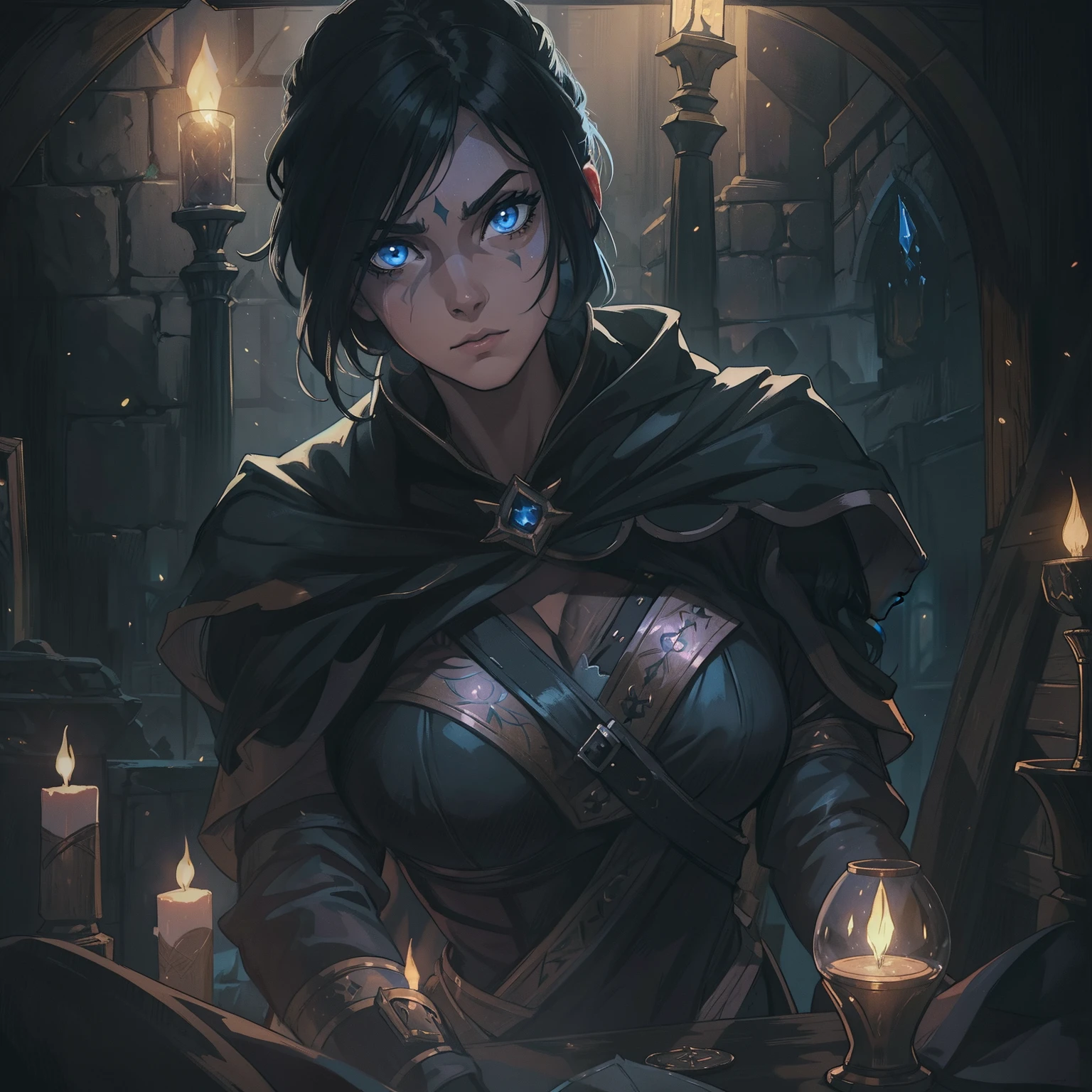 A portrait of a beautiful woman, a warrior with blue eyes and short, black hair with a magical tattoo, magic on her face, she is wearing combat costumes, costumes for medieval fighting training, she is in a dark room with moonlight being the only source of light coming in through the window., A well-contrasted image drenched in mystery we can barely see her face through the darkness many well-marked shadows and a special focus on contour lights cinematic lights a dramatic lighting dramatic pose of profile an environment full of magic shadows and mysteries in a medieval art RPG art a detailed and approximate art a medieval RPG art RPG art game art banner art she has a dark aura because she is evil as a villain dramatic art impactful art