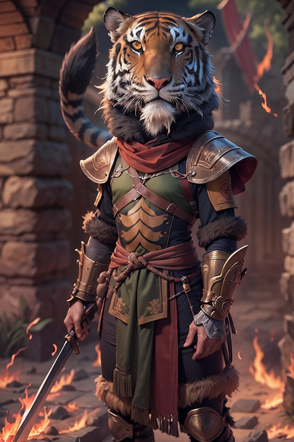 (anthropomorphic turtle),(Tiger head warrior:1.4),coda,a tall body,Stout limbs,disdain,ran,tosen,The long hairs of the flame fluttered in the wind,combats,Dynamic lines,Dimly lit battlefield,Ruined castle,(stereoscopic perspective:1.4),Works of masters,super-fine,4K分辨率,high qulity,电影灯光,High picture detail,Detailed pubic hair,Epic shooting,Clearly focused hair,Detailed hair depiction,acurate