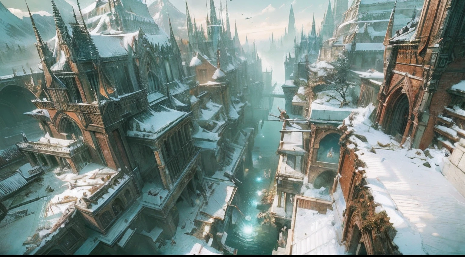 "(by Greg Rutkowski: 1.2), (masterpiece), (best quality), extremely delicate and beautiful, illustration, (fantasy landscape), depth of field, HDR, intricate, delicate, (No human presence), photorealistic depiction, live action feel, creating a visual masterpiece with the best possible quality. (Highlighting the fantastic elements of dwarven city, emphasizing the effects of collapse and severe weathering). Providing a distant view that captures the grandeur and atmosphere."