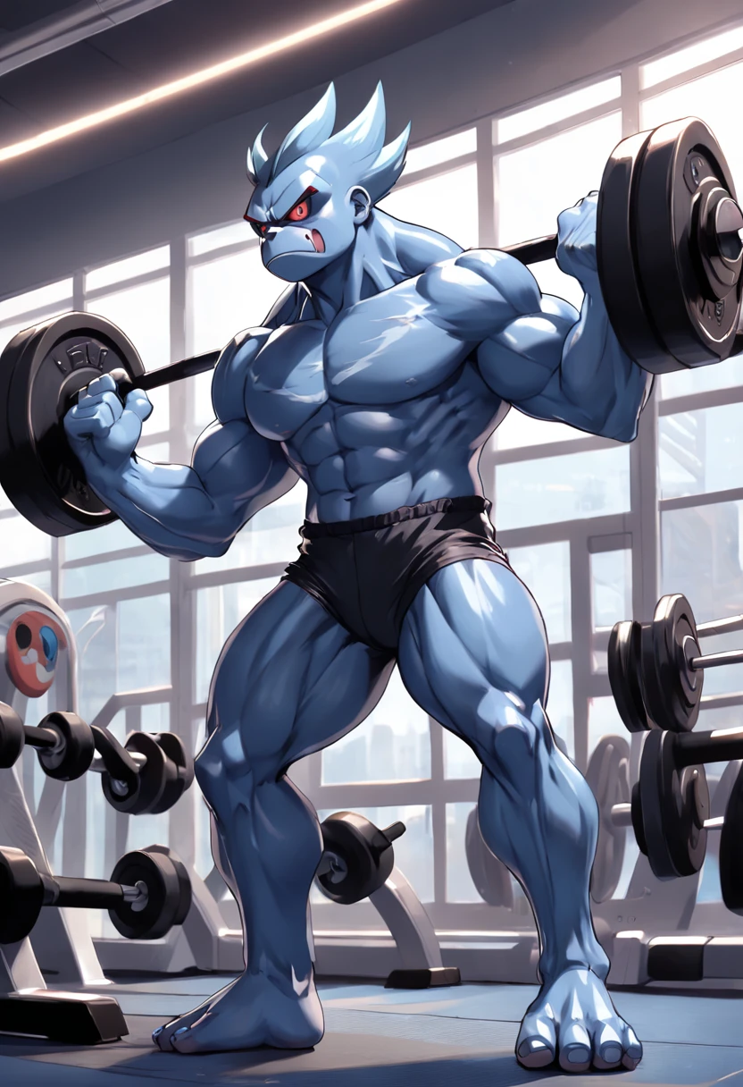 "a detailed art of Pokémon Machamp working out in a bodybuilding gym with a serious expression, Pokémon, 4k, 8k, Full HD, corpo inteiro, Pokémon Art Style, estilo de desenho hiper-realista, arte de anime limpa e detalhada, Bodybuilding gym background."