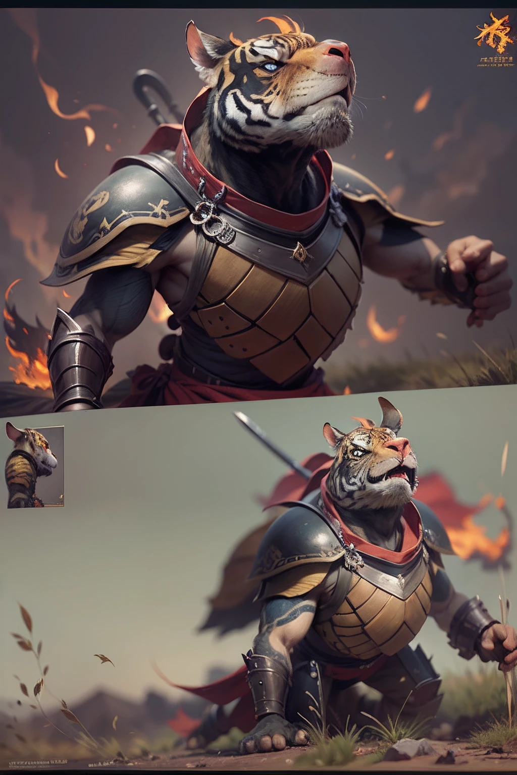 （anthropomorphic turtle），（Tiger head warrior：1.4），coda，a tall body，Stout limbs，disdain，ran，tosen，The long hairs of the flame fluttered in the wind，combats，Dynamic lines，Dimly lit battlefield，Ruined castle，（stereoscopic perspective：1.4），Works of masters，super-fine，4K分辨率，high qulity，电影灯光，High picture detail，Detailed pubic hair，Epic shooting，Clearly focused hair，Detailed hair depiction，acurate