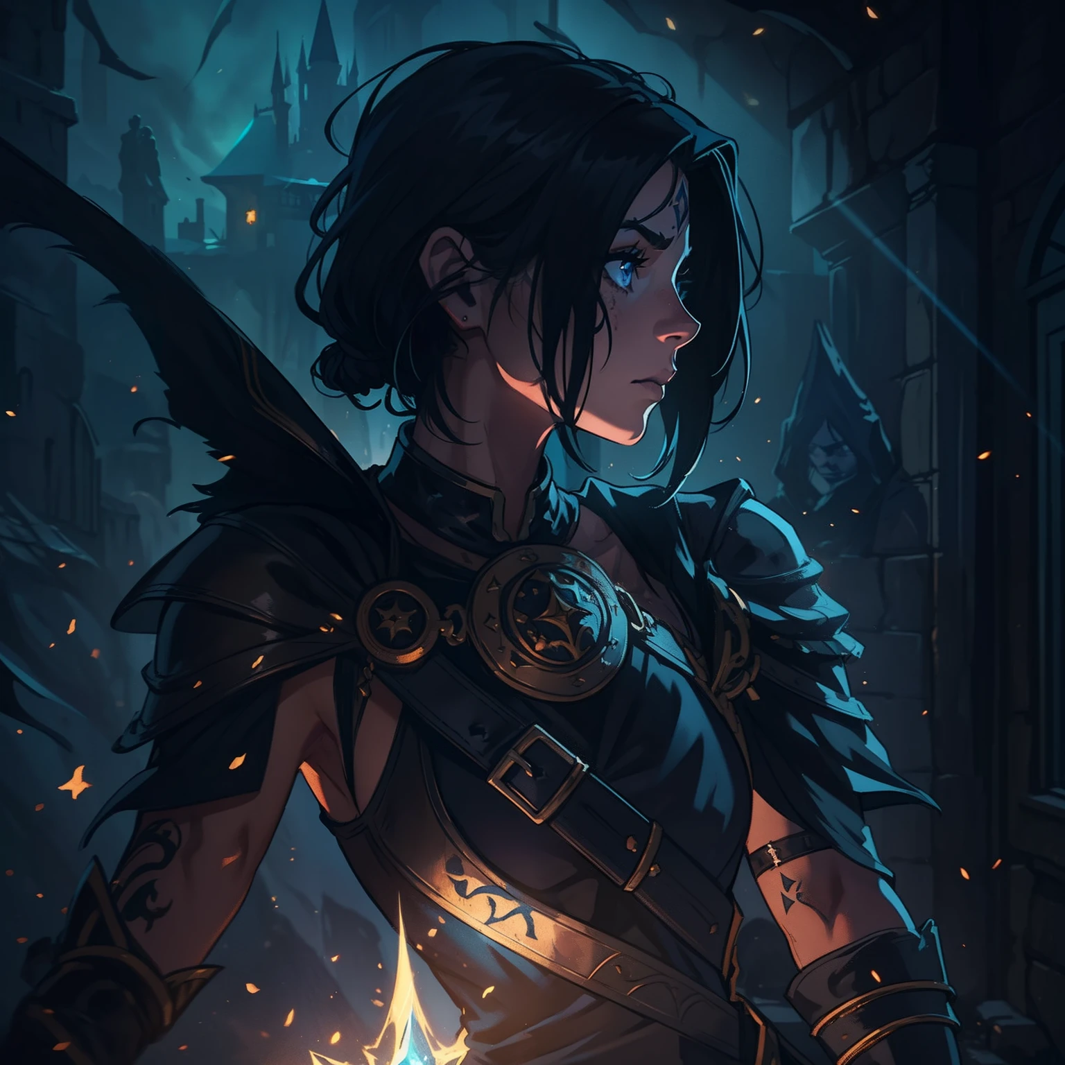 A portrait of a beautiful woman, a warrior with blue eyes and short, black hair with a magical tattoo, magic on her face, she is wearing combat costumes, costumes for medieval fighting training, she is in a dark room with moonlight being the only source of light coming in through the window., A well-contrasted image drenched in mystery we can barely see her face through the darkness many well-marked shadows and a special focus on contour lights cinematic lights a dramatic lighting dramatic pose of profile an environment full of magic shadows and mysteries in a medieval art RPG art a detailed and approximate art a medieval RPG art RPG art game art banner art she has a dark aura because she is evil as a villain dramatic art impactful art
