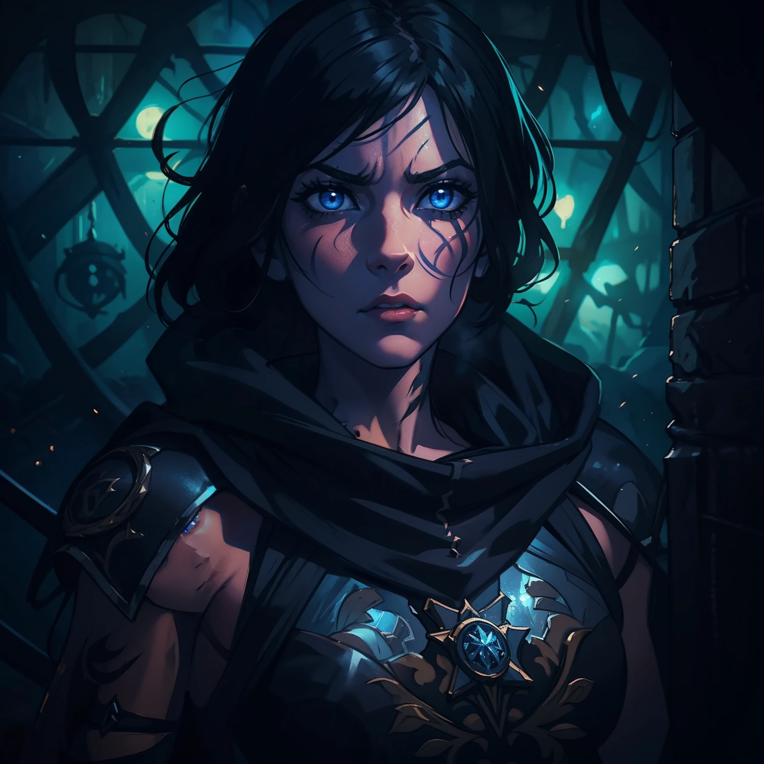 A portrait of a beautiful woman, a warrior with blue eyes and short, black hair with a magical tattoo, magic on her face, she is wearing combat costumes, costumes for medieval fighting training, she is in a dark room with moonlight being the only source of light coming in through the window., A well-contrasted image drenched in mystery we can barely see her face through the darkness many well-marked shadows and a special focus on contour lights cinematic lights a dramatic lighting dramatic pose of profile an environment full of magic shadows and mysteries in a medieval art RPG art a detailed and approximate art a medieval RPG art RPG art game art banner art she has a dark aura because she is evil as a villain dramatic art impactful art