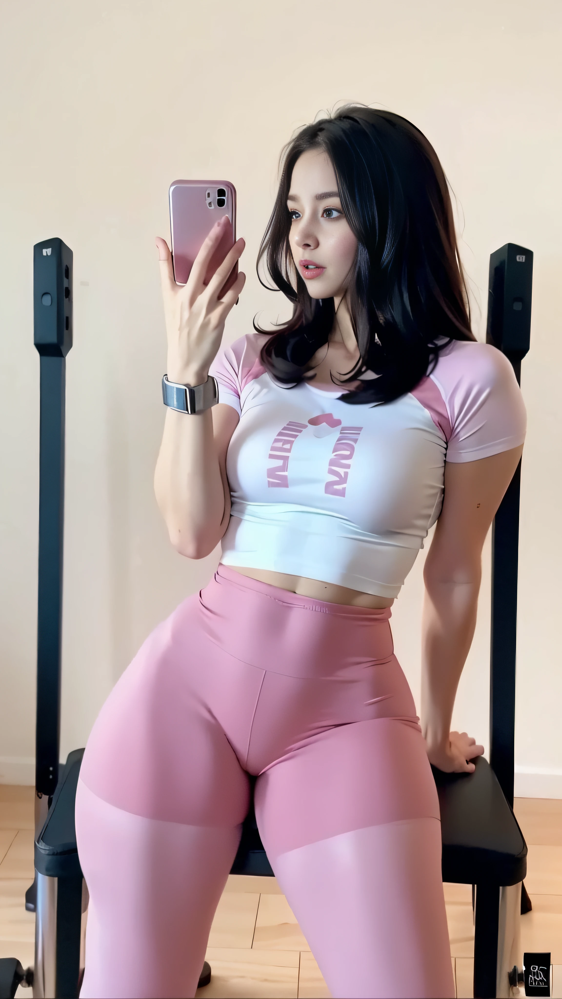 araffe in pink tights taking a selfie with her cell phone, thicc, tight outfit, skinny waist and thick hips, fit girl, fit pic, cottagecore!! fitness body, amouranth, pretty face with arms and legs, better known as amouranth, fit dainty figure, wearing tight simple clothes, tight attire, wearing tight shirt, 8k, Cleavage, big tits, round boobs fore