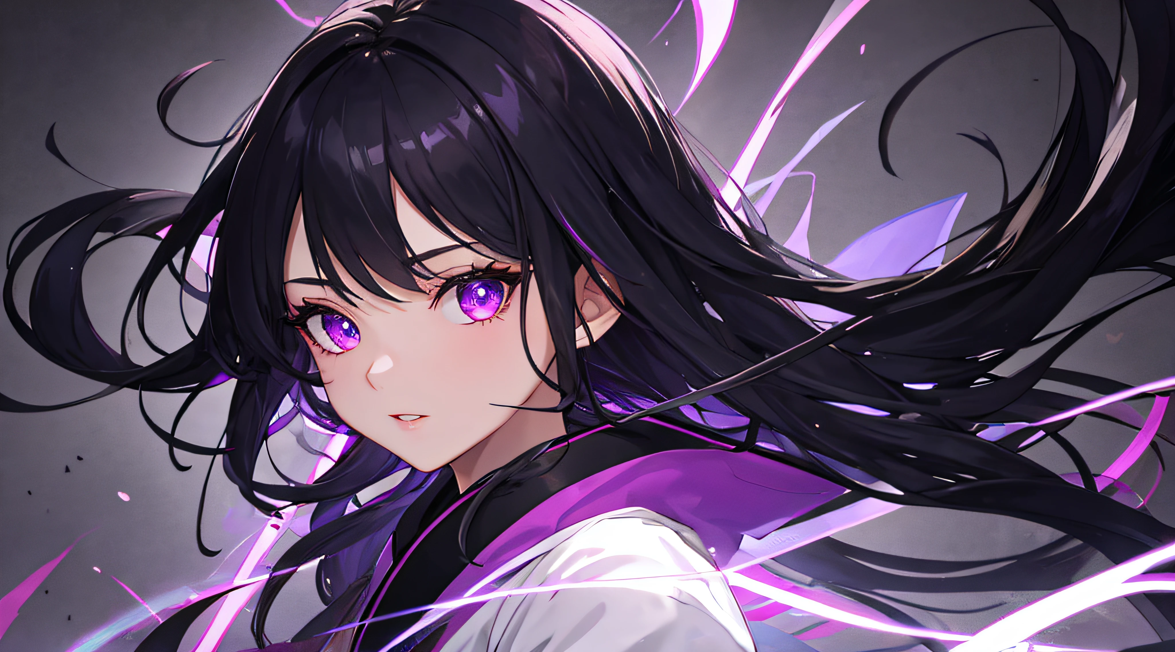 ((masterpiece, best quality, hiper detailed, highres, 16k, uhd)), 1girl, solo, sharp face, beautiful detailed face, dynamic angle, floating hair, expressive hair, long hair, black hair with purple highlight, purple eyes, beautiful detailed eyes, glowing purple eyes, black kimono, black highthighs, black boot, holding black katana, katana glowing purple,