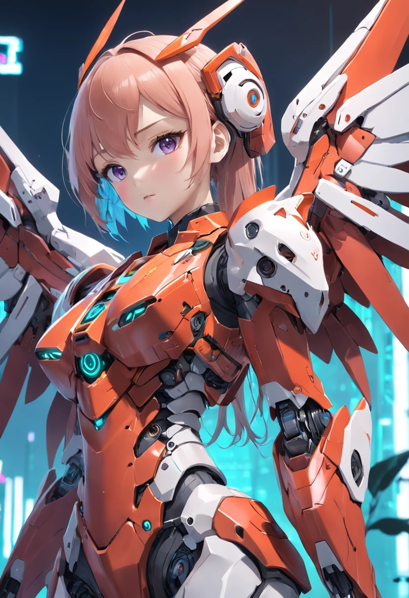 Close-up of a woman in a futuristic suit and a large robot, Mechanized Valkyrie girl, Mecha wings, female mecha, pterodactyl mecha, wlop and krenz cushart, anime robotic mixed with organic, girl in mecha cyber armor, 2. 5 D CGI anime fantasy artwork, mechanized valkyrie