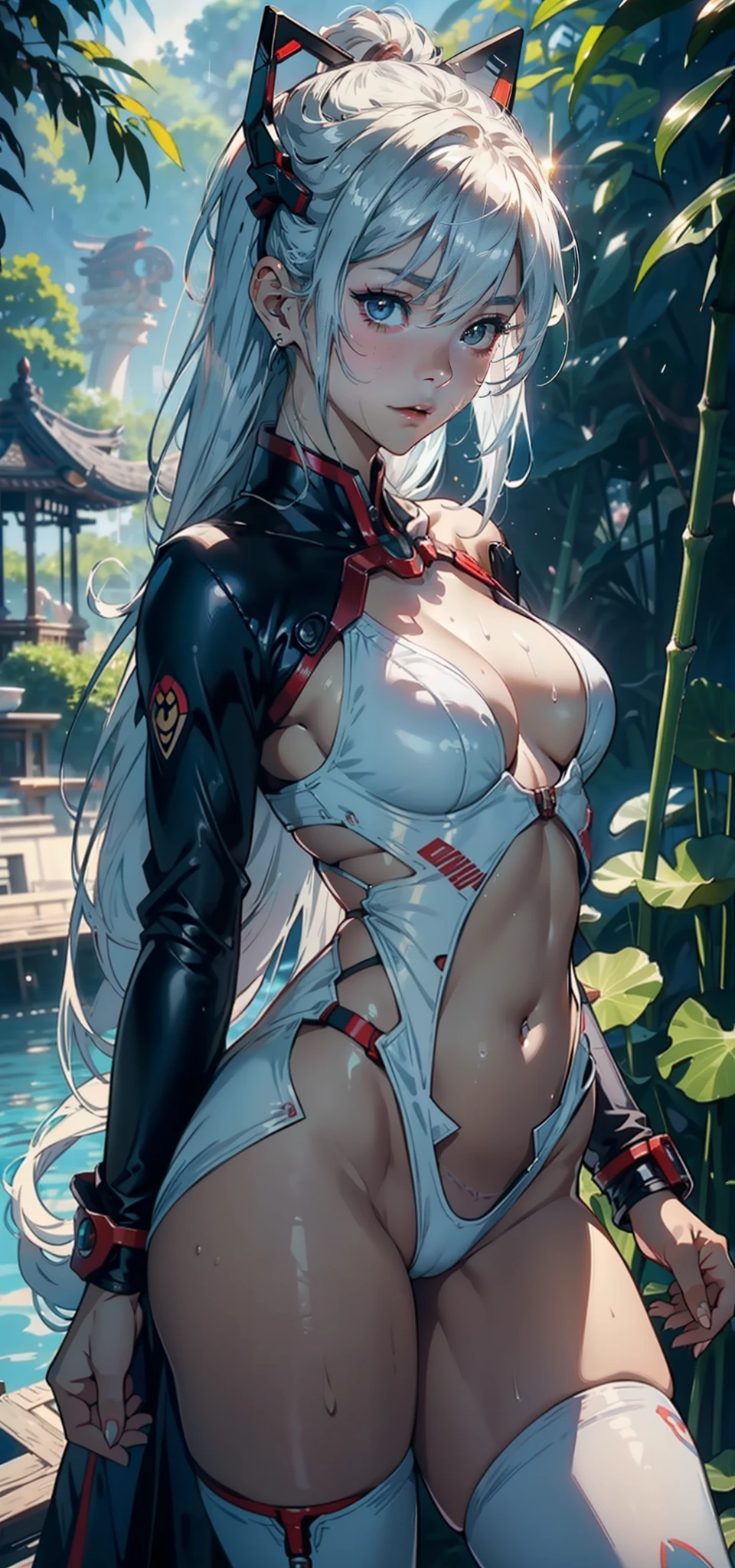 1 female，3 years old，bit girl，Small loli，huge-breasted，Pornographic exposure， 独奏，（Background with：bamboo forrest，lotuses，lotus flower，exteriors，Lotus pond） She has short blue and white hair，Qi bangs，Doll head，Station，Sweat profusely，drenched all over the body，，seen from the front， hair straight， mostly cloudy sky，（（（tmasterpiece），（Very detailed CG unity 8K wallpaper），best qualtiy，cinmatic lighting，detailed back ground，beatiful detailed eyes，Bright pupils，Black eyes，（Very fine and beautiful），（Beautiful and detailed eye description），ultra - detailed，tmasterpiece，）），facing at camera，A high resolution，ultra - detailed），revealing breasts，Bare genitalia，  Bulge，legs are open，Raised sexy，Camel toes，Flushed complexion，Open-mouthed，frontage，elementary student（Wearing：Evangelion Rei Ayanami suit，Iron Man uniform，nakeness）cyber punk style