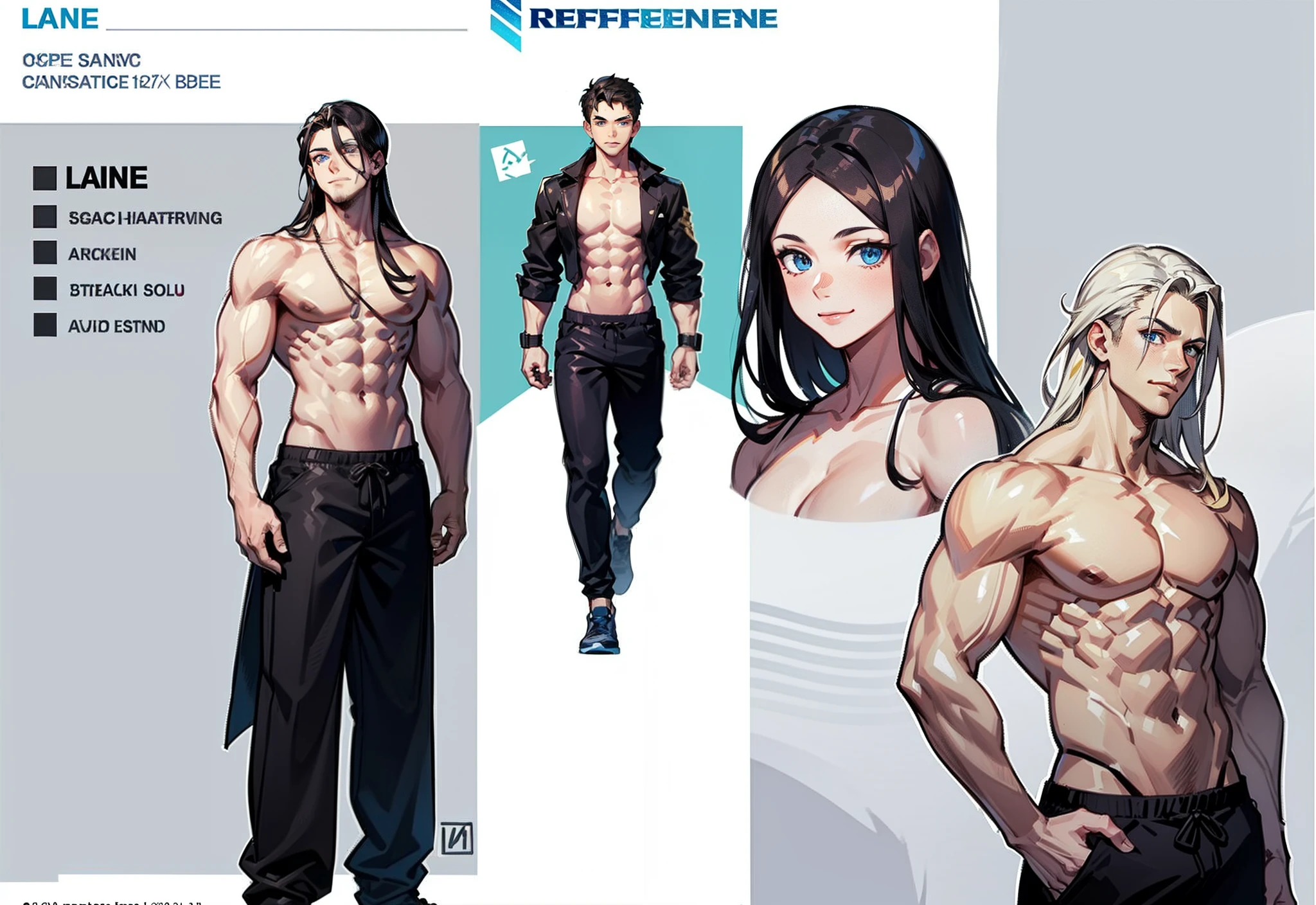 1boy, single, asian boy, reference sheet, oerfect face, hansome face, character design, front angle, side angle, rear angle, dynamic poses, (masterpiece:1.2), (best quality:1.3), 1.85 tall, shaved, gods greek outfit, muscle body, athletic body. (Blue perfect eyes), (long hair), (long bangs), (blonde hair), (pale skin),  lean (reference sheet:1.5), no text, no symbol,  background simple, giant_this_guy, looking at viewer, smile, male focus, swimming shorts, muscular, pectorals, muscular male,