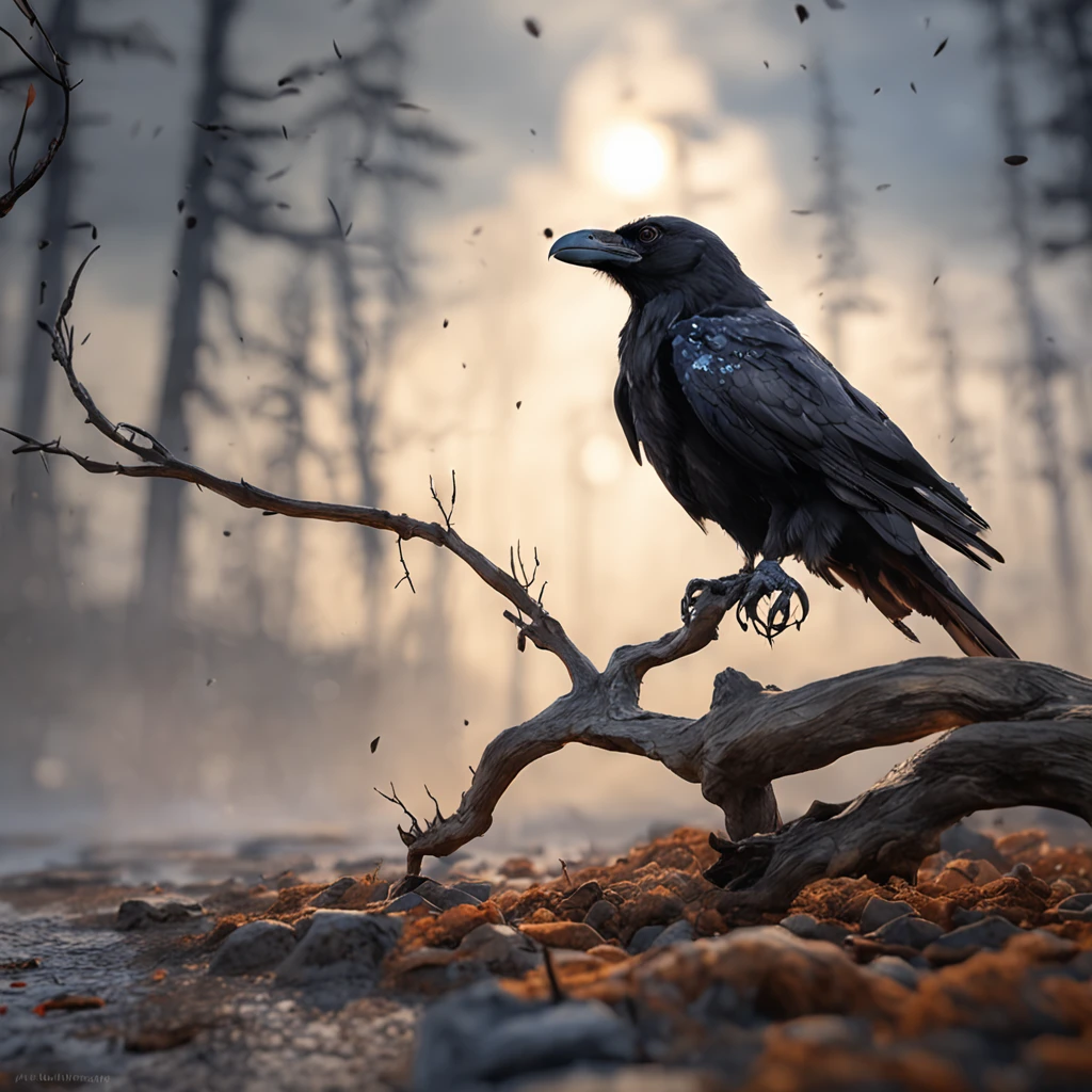 Two crows on a dead tree, A shadow shaped like a walker, Starry night, Thick fog on the ground, Blue light on the horizon, Unreal Engine 5, Cinematic, low angle photography, Motion blur, Depth of field, Dust, Cobblestones and dirt. Splash Art, dripping paint. Perfect color grading. Influenced by Karel Appel and Jeremy Mann, Full of dramatic and threatening scenes, Hyper-detailed, Beautiful, insanely details, Intricate details, editorial photography, shot with a 50mm lens, Depth of field, Tilt Blur, Shutter speed 1/1000, f/22. Lightmaps, Super bright