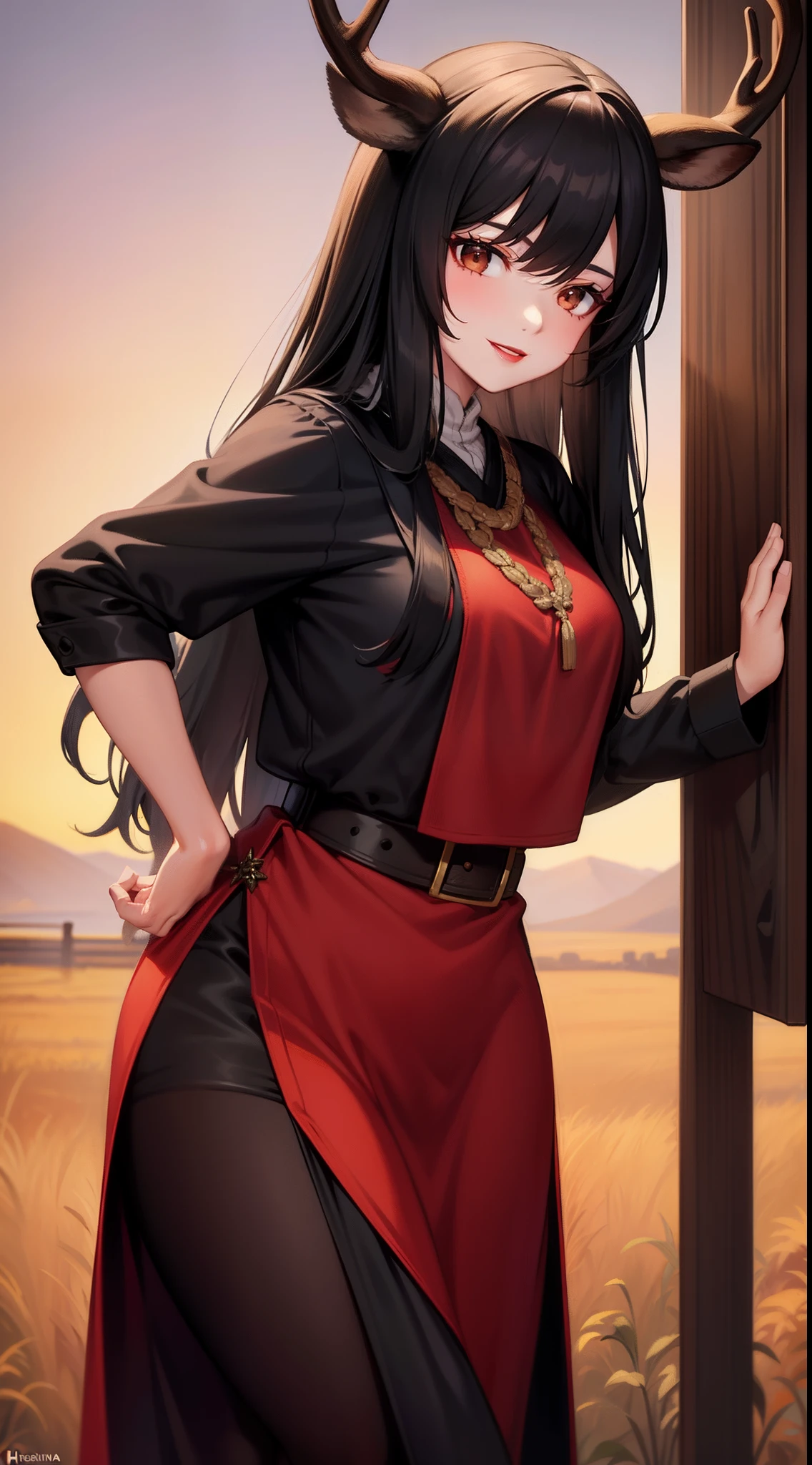 Adult woman, Long black hair, deer antlers, Brown eyes, Lush breasts, Russian peasant clothing, red lipstick, Smile, Masterpiece, hiquality