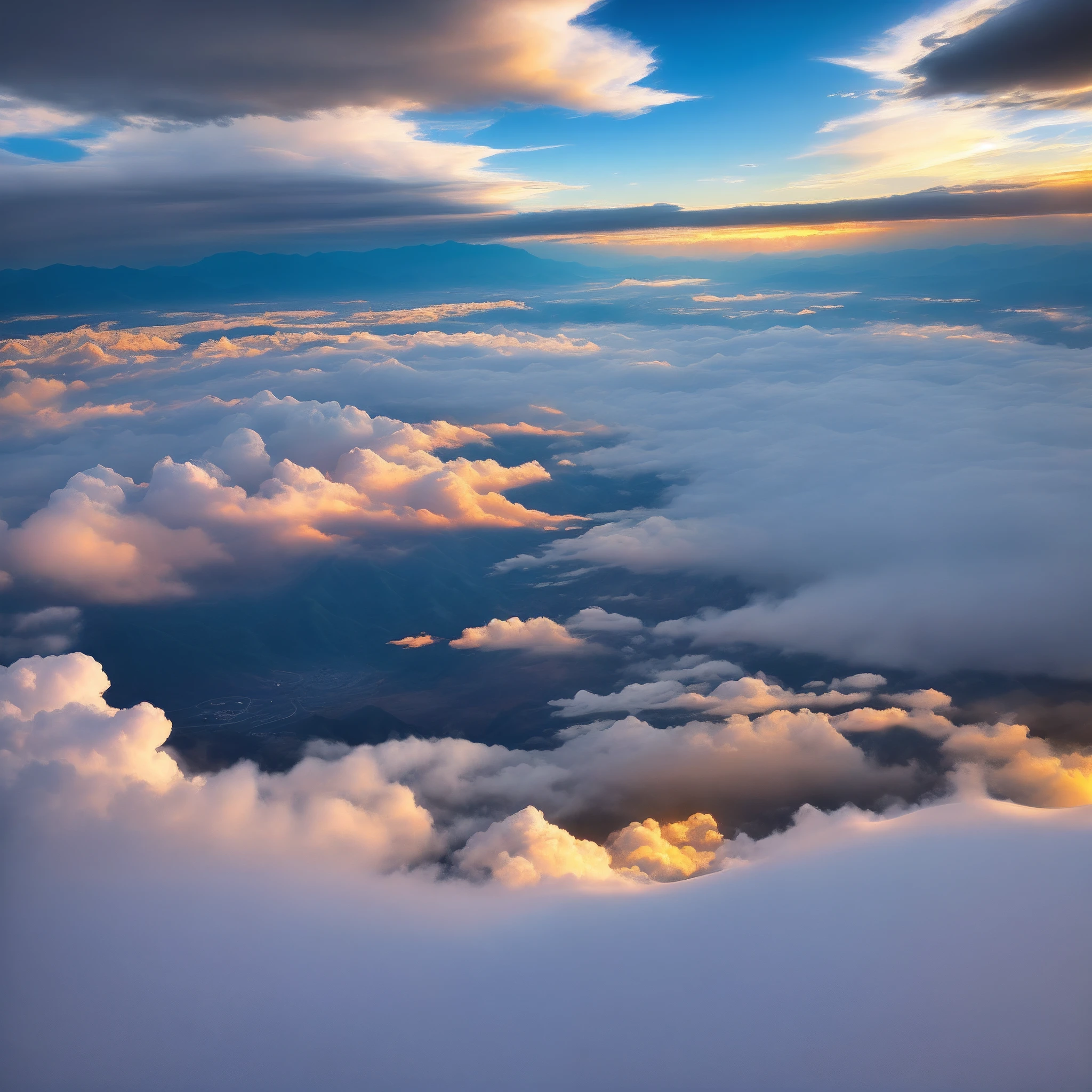 Look down at cumulonimbus clouds illuminated by the setting sun from an altitude of 10,000 meters。