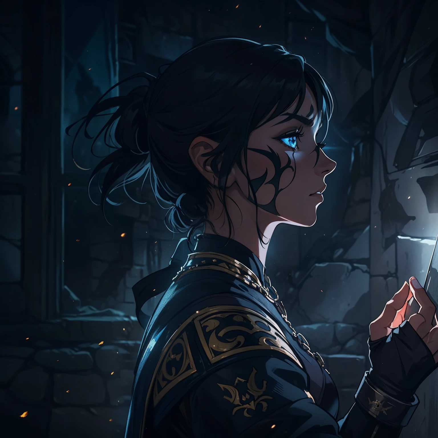 A portrait of a beautiful woman, a warrior with blue eyes and short, black hair with a tattoo on her face, she is wearing combat costumes, costumes for medieval fighting training, she is in a dark room with the moonlight being the only source of light that enters through the window., A well-contrasted image drenched in mystery we can barely see her face through the darkness many well-marked shadows and a special focus on contour lights cinematic lights a dramatic lighting dramatic pose of profile an environment full of magic shadows and mysteries in a medieval art RPG art a detailed and approximate art a medieval RPG art RPG art game art banner art she has a dark aura because she is evil as a villain dramatic art impactful art
Waiting to get started