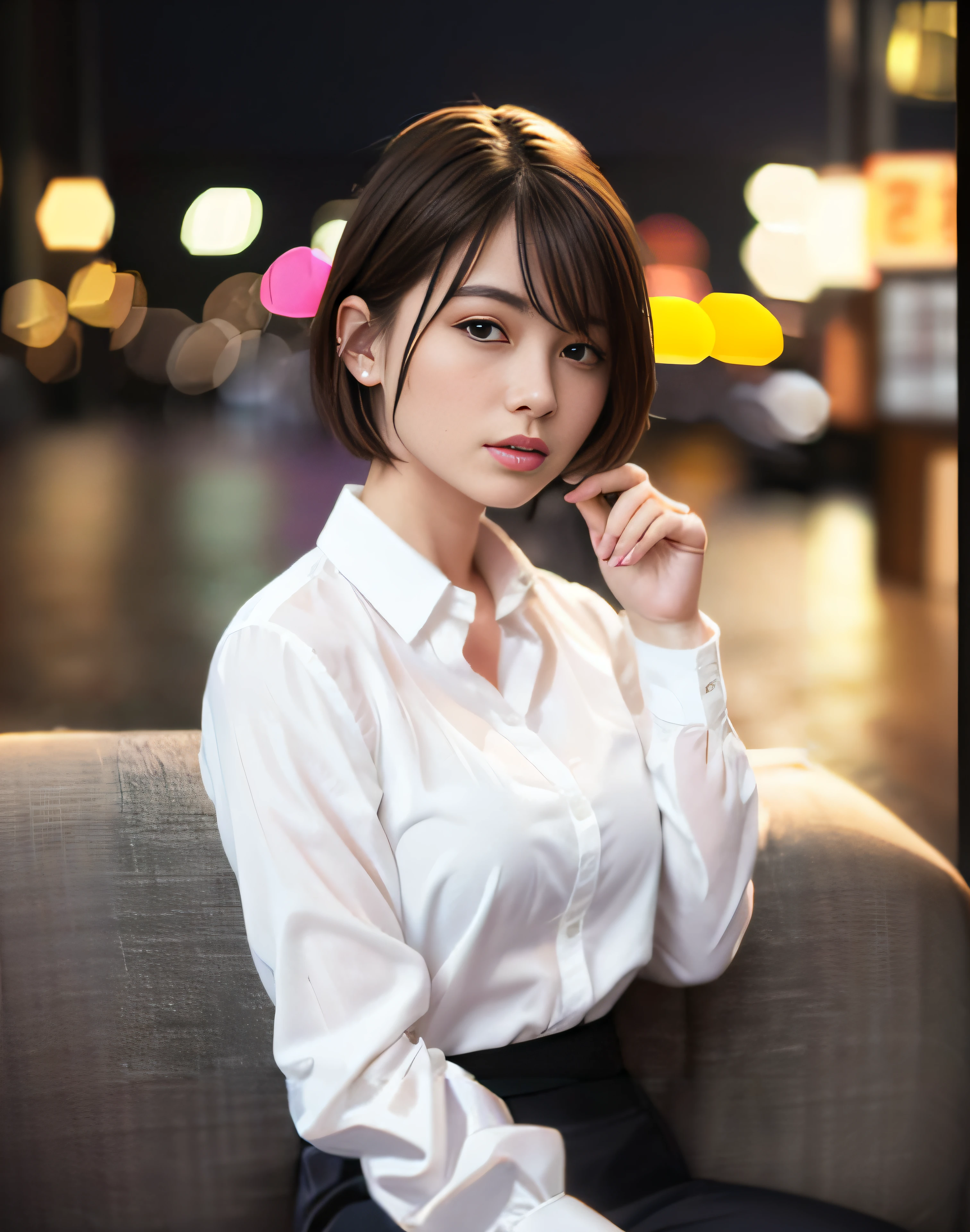 Alafed asian woman in white shirt sitting on sofa, Japanese Models, F / 1. 9 6. 8 1 mm iso 4 0, in a white shirt, With short hair, high quality portrait, the face of a beautiful Japanese girl, girl cute-fine-face, Korean Girl, portrait soft low light, 8k 50mm iso 10