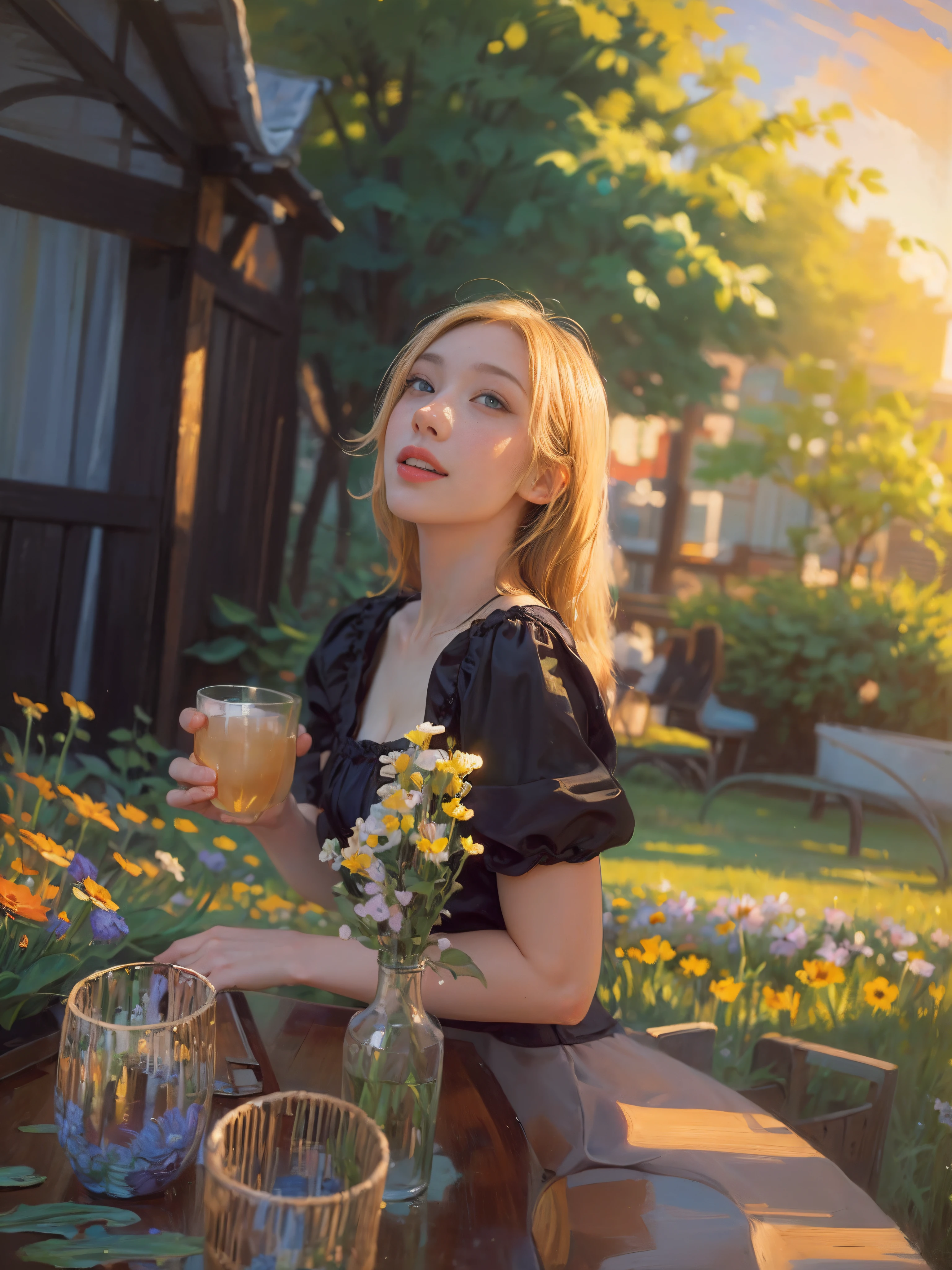 ((best quality)), ((masterpiece)), (detailed), (realistic), young woman, blonde hair, blue eyes, freckles, smiling, summer dress, (field of flowers:1.2), (sunset:1.1), warm colors, (impressionist style:1.3), (Claude Monet:1.2), peaceful atmosphere, (portrait composition:1.2), (8k resolution:1.2)