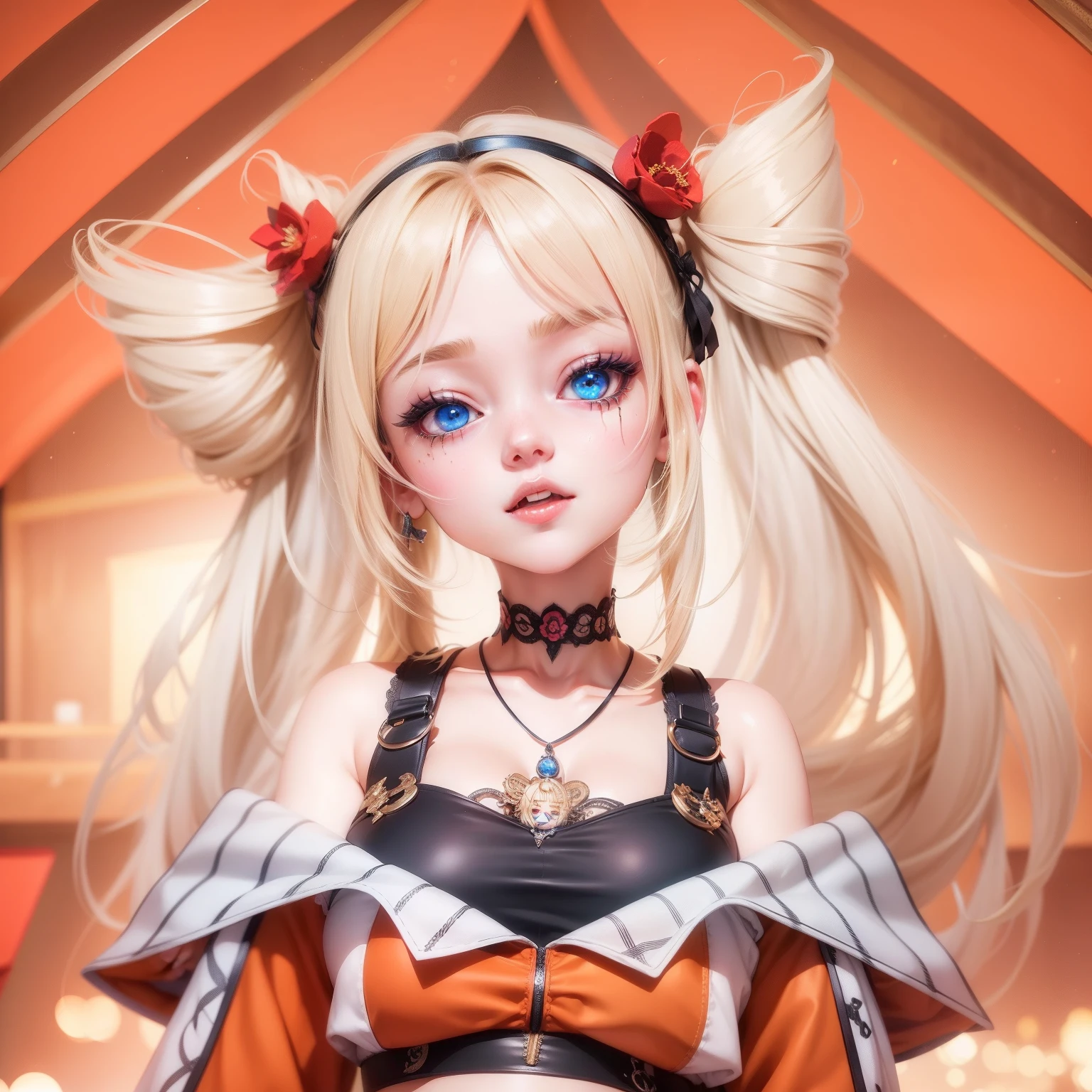 1girl, blonde hair, cute girl, ahegao, realistic, ultra detail, hairpin detail, 70mm lens, 22 years old, scary face, adult face, 4k style,