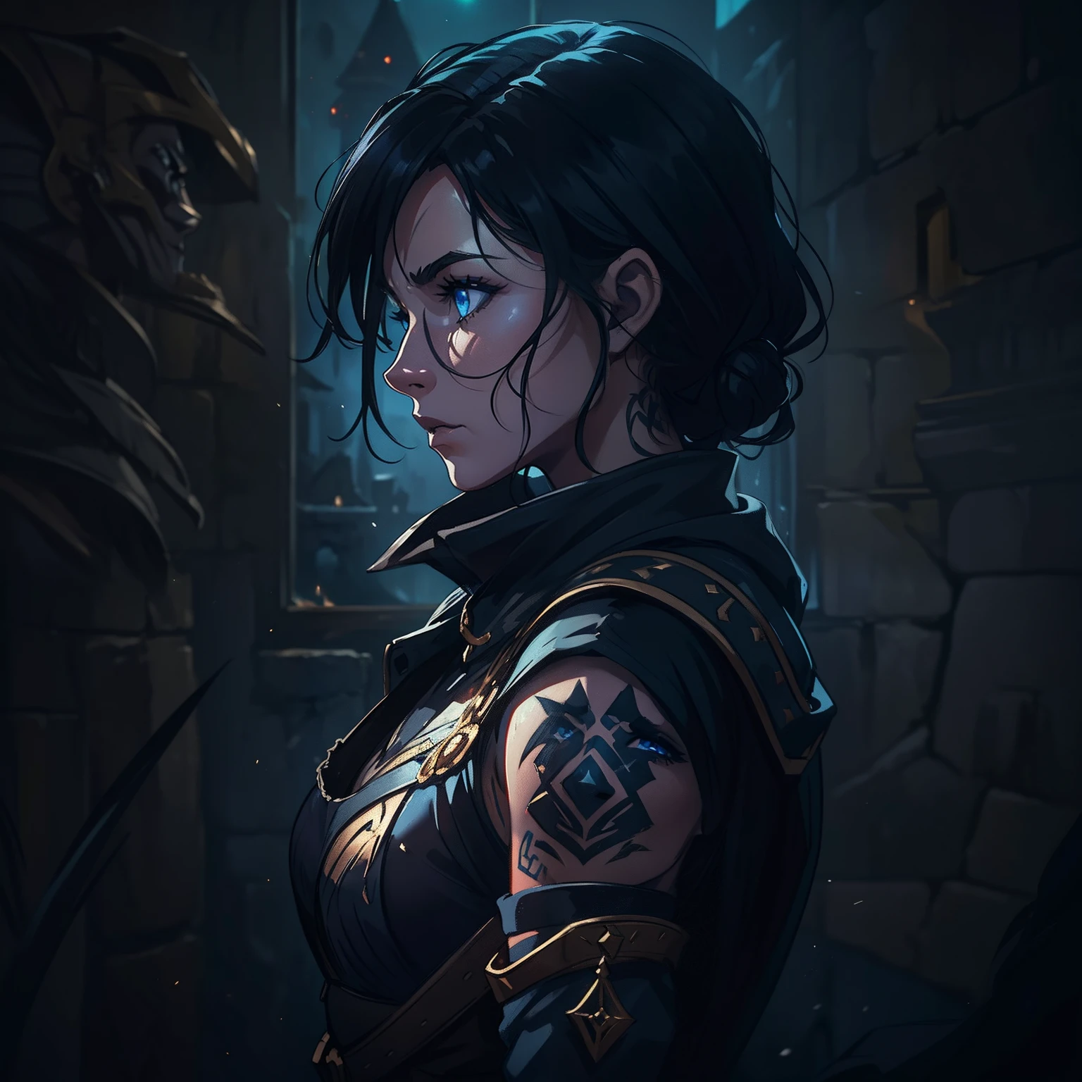 A profile portrait of a beautiful woman, a warrior with blue eyes and short, black hair with a tattoo on her face, she is wearing combat suits, costumes for medieval fighting training, she is in a dark room with moonlight being the only source of light that enters through the window., A well-contrasted image drenched in mystery we can barely see her face through the darkness many well-marked shadows and a special focus on contour lights cinematic lights a dramatic lighting dramatic pose of profile an environment full of magic shadows and mysteries in a medieval art RPG art a detailed and approximate art a medieval RPG art RPG art game art banner art she has a dark aura because she is evil as a villain dramatic art impactful art