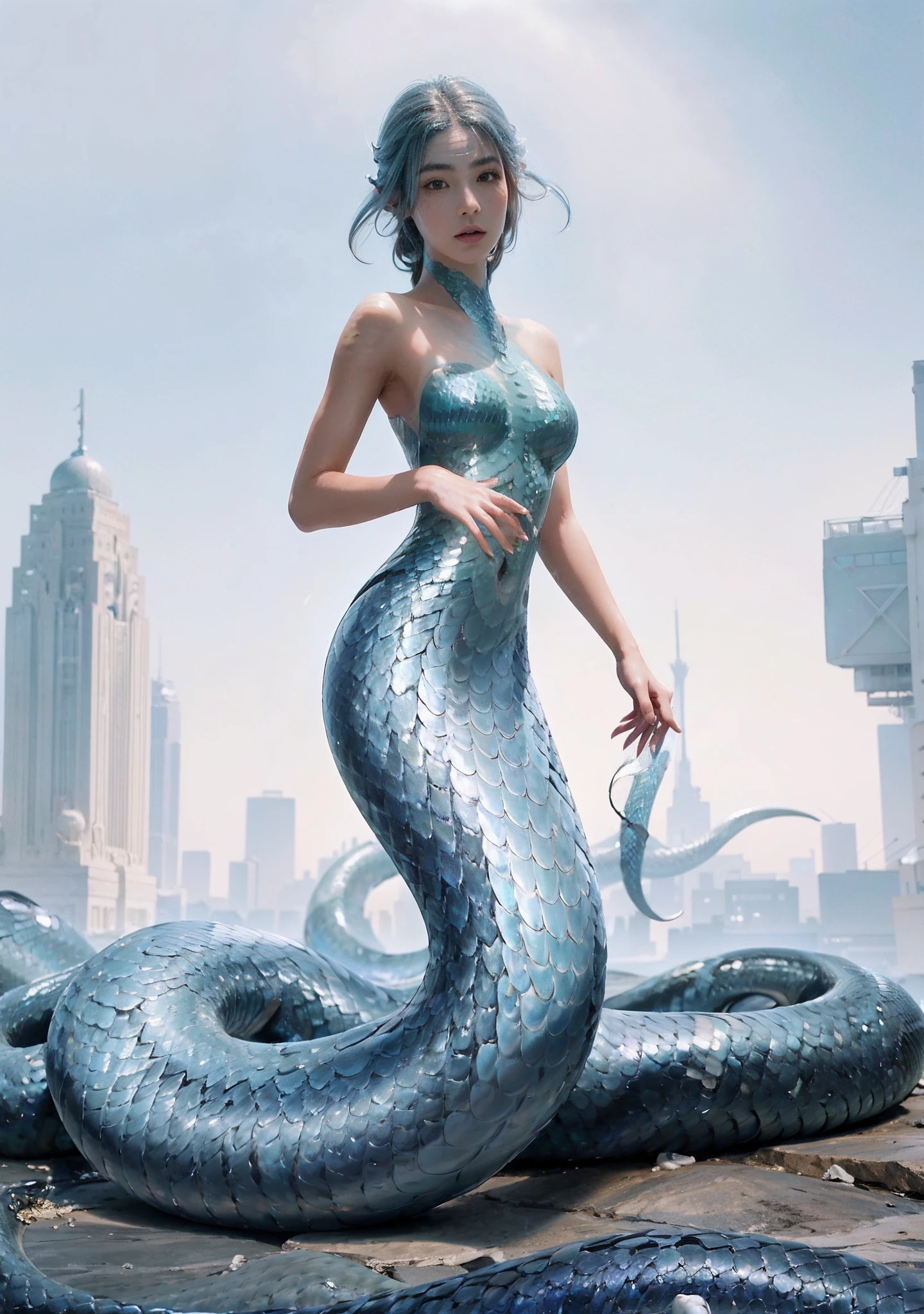 (mermaid:1.2), (Snake tail:1.3)，8K  UHD，RAW photo，A snake woman，（Python pattern），（snake man），(Real Human:1.3)，(A high resolution:1.4)，(A detailed:1.5)，(sci-fy:1.7)，RAW photo，Portrait Photogram，Realistic scales，cabellos largos dorados，RAW photo，超A high resolution，Foto realism，best qualtiy，(highdetailskin，skin detailed)，Visible Pore，Shiny skin，tmasterpiece，finedetail，Colorization，Extremely Delicately Beautiful，Extremely detailed 8k wallpaper，8K high quality，Digital SLR，Snake man maiden with beautiful details，(looking at viewert)，professional photograph lighting，Faraway view，full bodyesbian，in a panoramic view