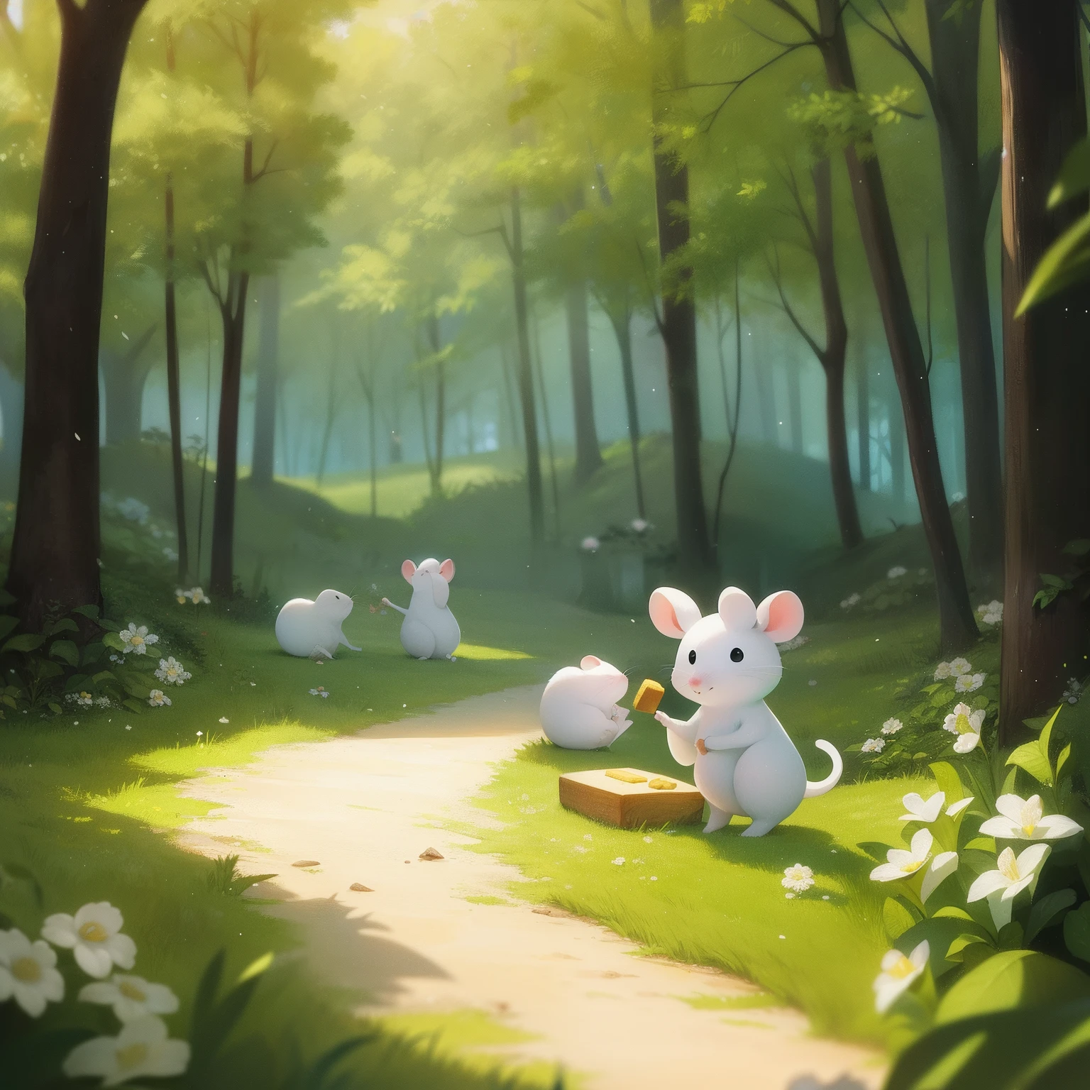 There is a white mouse in the forest, holding a cheese, spring season
