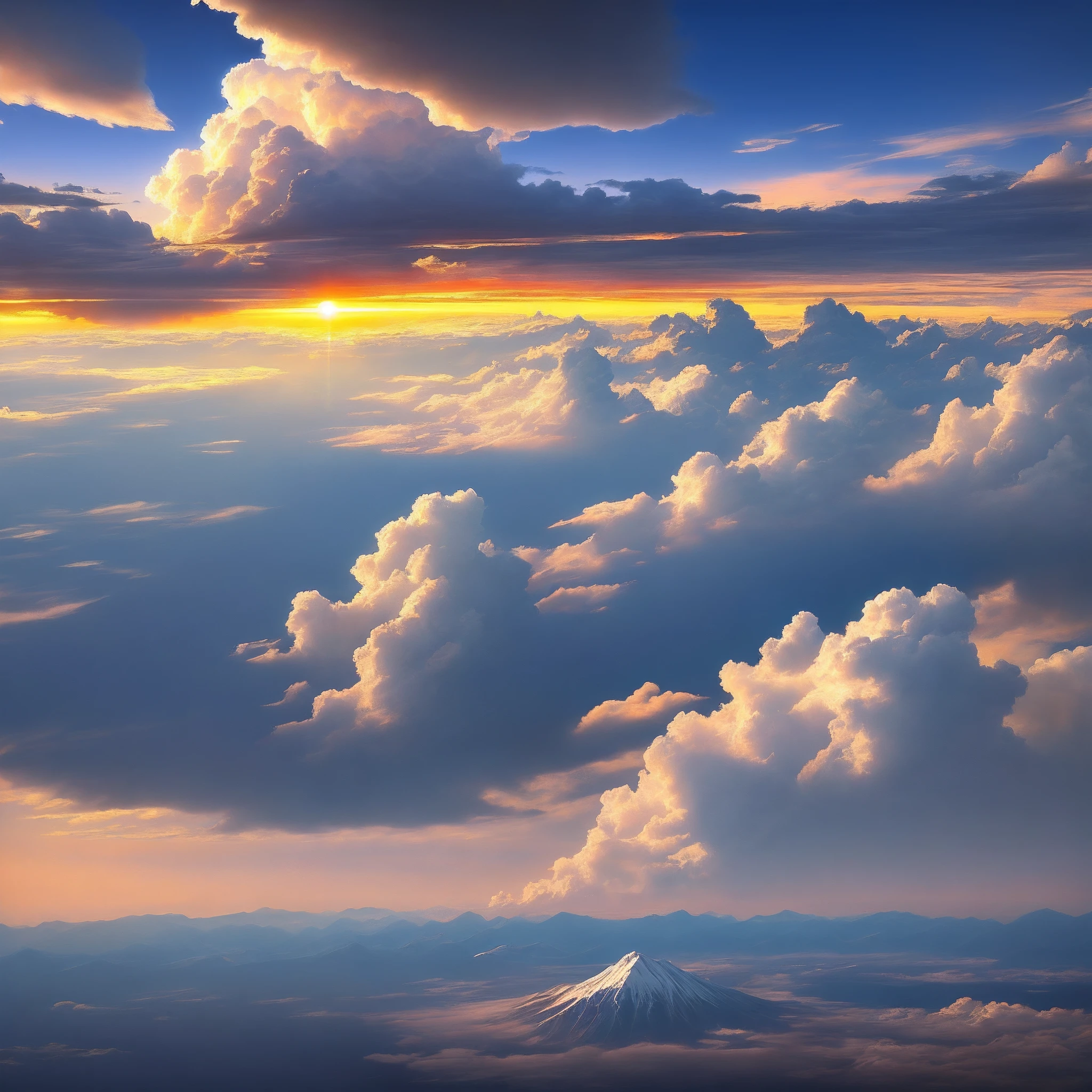Look down at cumulonimbus clouds illuminated by the setting sun from an altitude of 10,000 meters。
