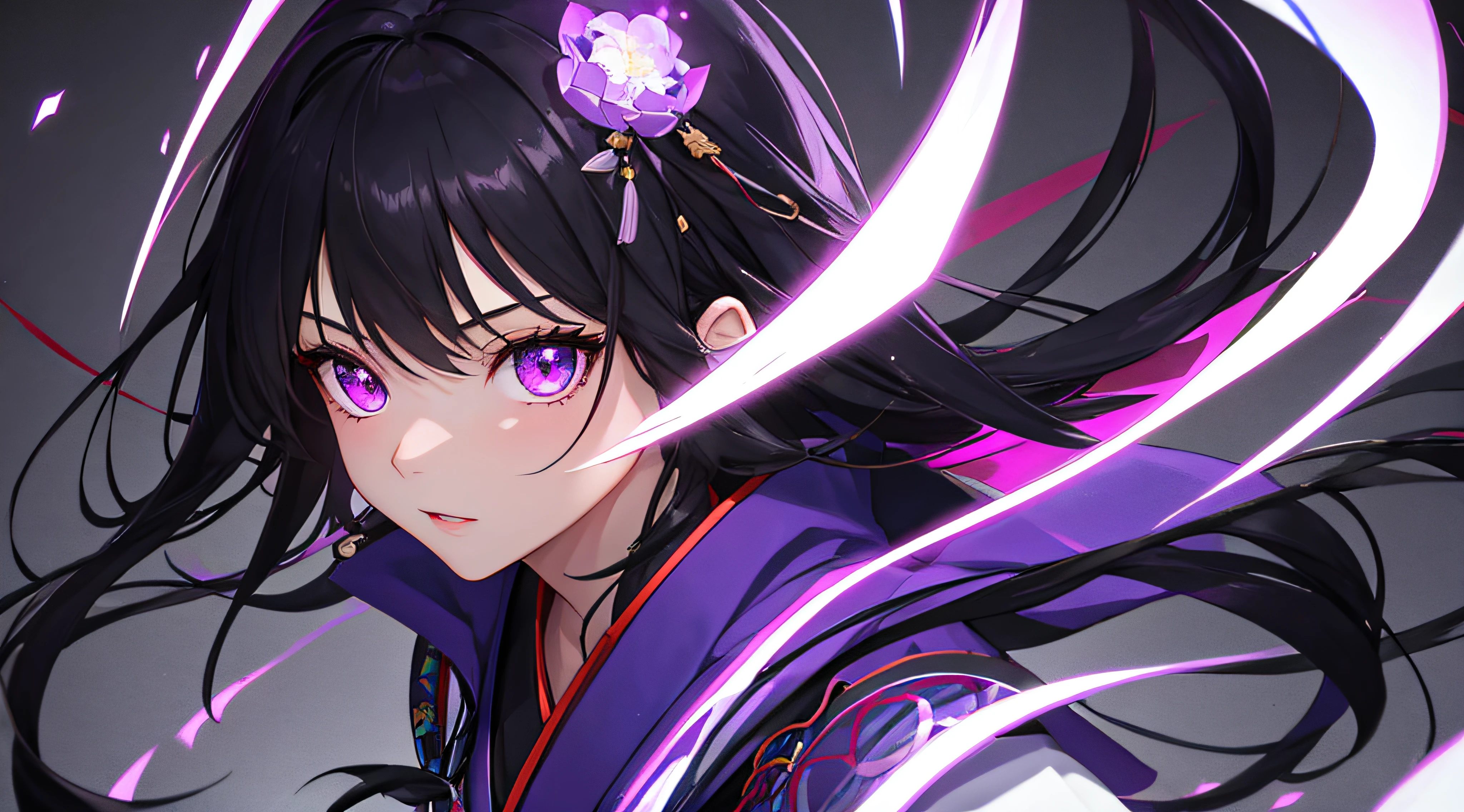 ((masterpiece, best quality, hiper detailed, highres, 16k, uhd)), 1girl, solo, sharp face, beautiful detailed face, dynamic angle, floating hair, expressive hair, long hair, black hair with purple highlight, purple eyes, beautiful detailed eyes, glowing purple eyes, black kimono, black highthighs, black boot, holding black katana, katana glowing purple,