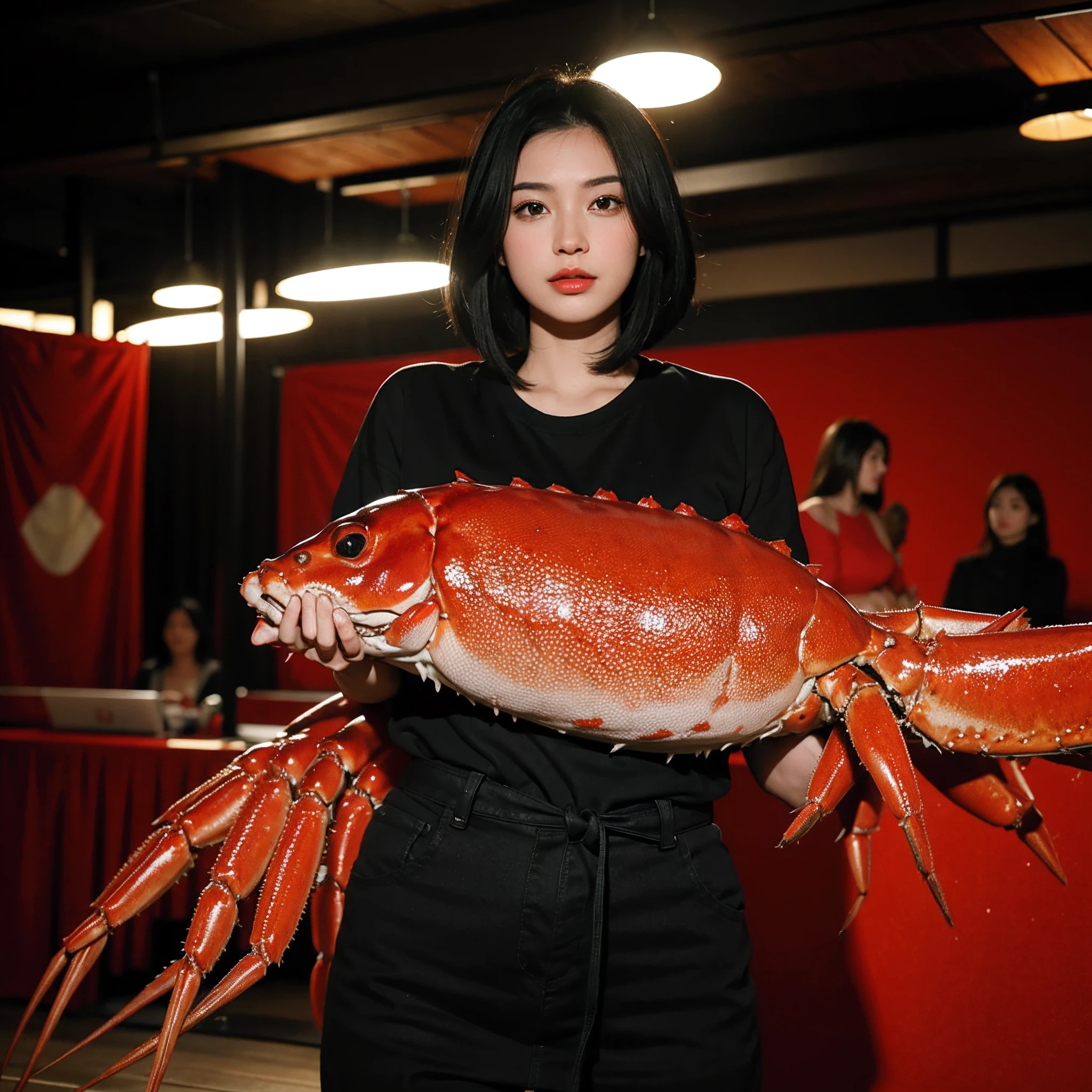 black hair bob,(8k,RAW photos,realisticlying:1.25),(Very lip gloss,Many eyelashes,HighestQuali,超高分辨率,depth of fields,color difference,Caustics,Wide light,natural color,Japanese,Women in their 30s) staring at the audience,standing on your feet,The female holds a huge king crab in both hands,The king crab is larger than half the body of a woman