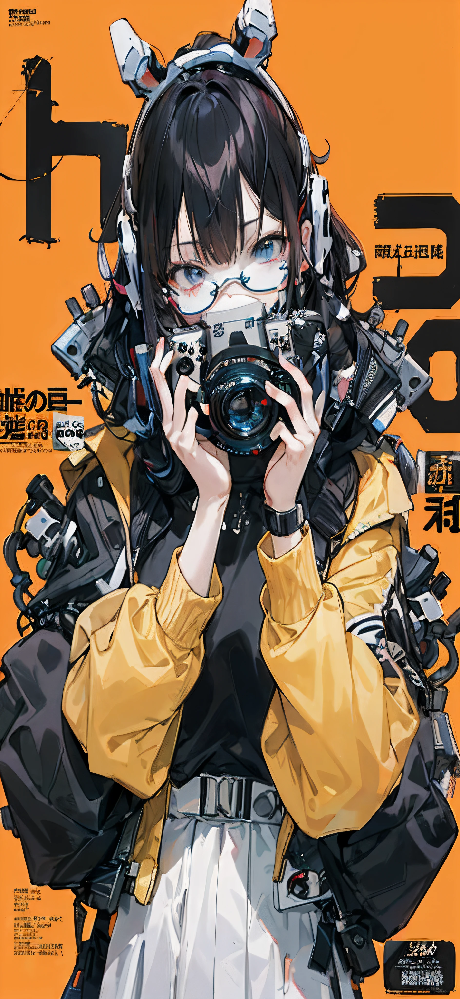 Close-up of a person holding a camera near the poster, e - girl, E-Girl, Anime cyberpunk moderno, Fully robotic!! Girl, cyberpunk anime girl mech, digital cyberpunk anime!!, anime cyberpunk, cyberpunk streetwear, Japanese science fiction book art, anime cyberpunk art, cyberpunk anime girl in hoodie, cyberpunk anime art, Comic cover style