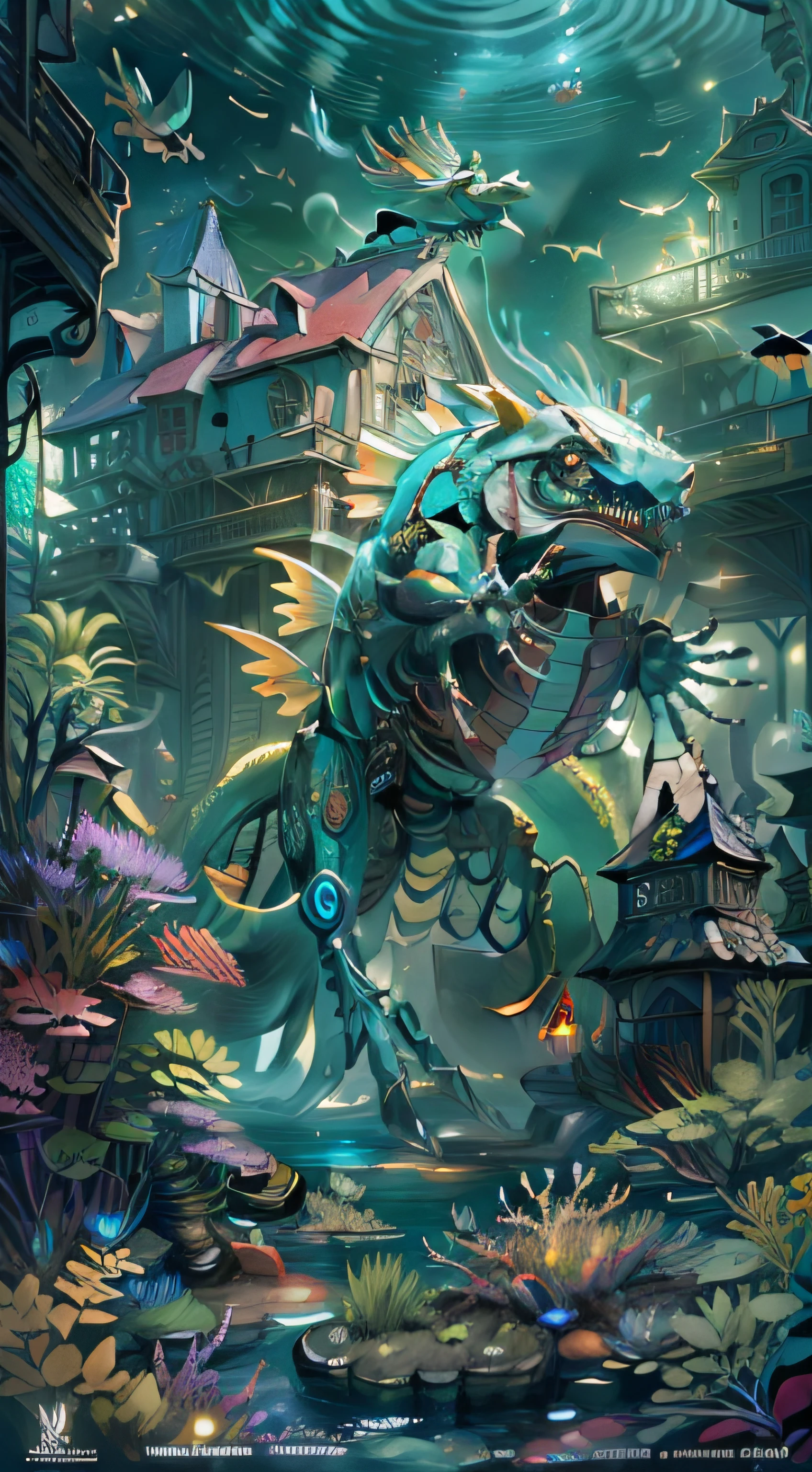 The scene is at the bottom of the sea,Mutant monsters,dive,searchlight,fish flocks,Pokémon, Mechaization, Cool, Figures, surrealism,Cinematic lighting, Sparkle, tachi-e, hyper HD, Anatomically correct, Masterpiece, High details, A high resolution