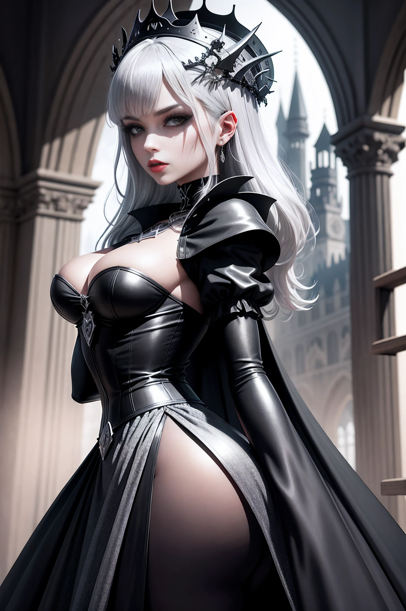 (obra-prima, melhor qualidade: 1.3), feminino,demonic humanoid, wearing a gothic dress, giant ass, Black wings on the waist, silver hair, crown, black veil in the mouth, Gothic black castle in the background