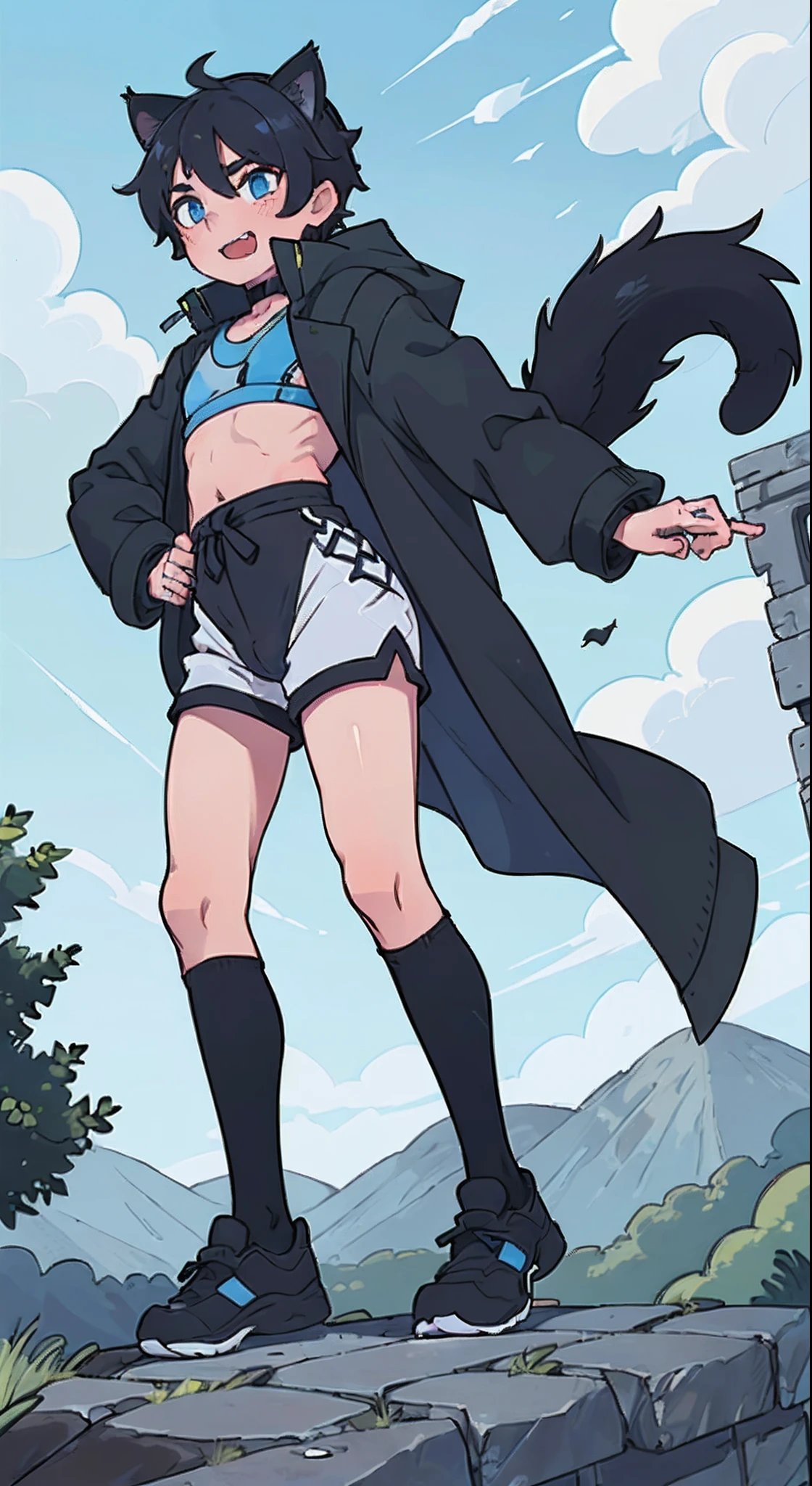 ((((((1boy)))))), fluffy dark blue hair, ((big sharp cat ears)), cat tail, slim figure, ((pale skin)), sky blue eyes, joyful, big thighs, big butt, fangs, slim waist, lean figure, skin pale, (((bulge))), black booty gym shorts, black thigh socks, black coat