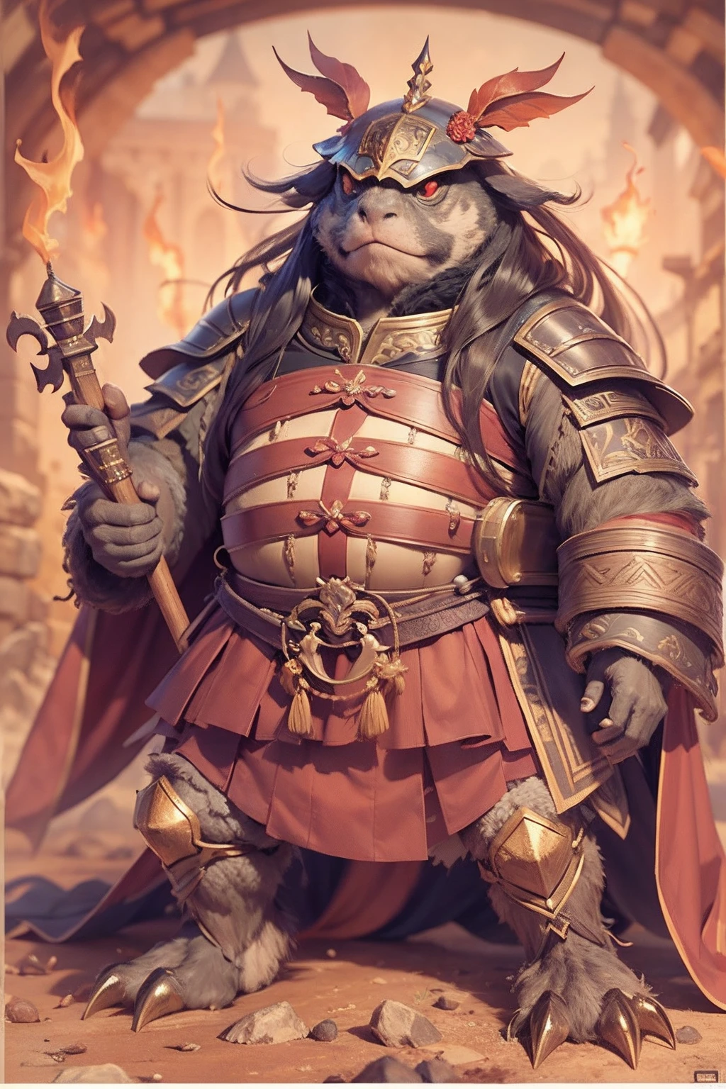 (anthropomorphic turtle),(Emperor Xingjun:1.4),coda,a tall body,Stout limbs,disdain,ran,tosen,The long hairs of the flame fluttered in the wind,combats,Dynamic lines,Dimly lit battlefield,Ruined castle,(stereoscopic perspective:1.4),Works of masters,super-fine,4K分辨率,high qulity,电影灯光,High picture detail,Detailed pubic hair,Epic shooting,Clearly focused hair,Detailed hair depiction,acurate