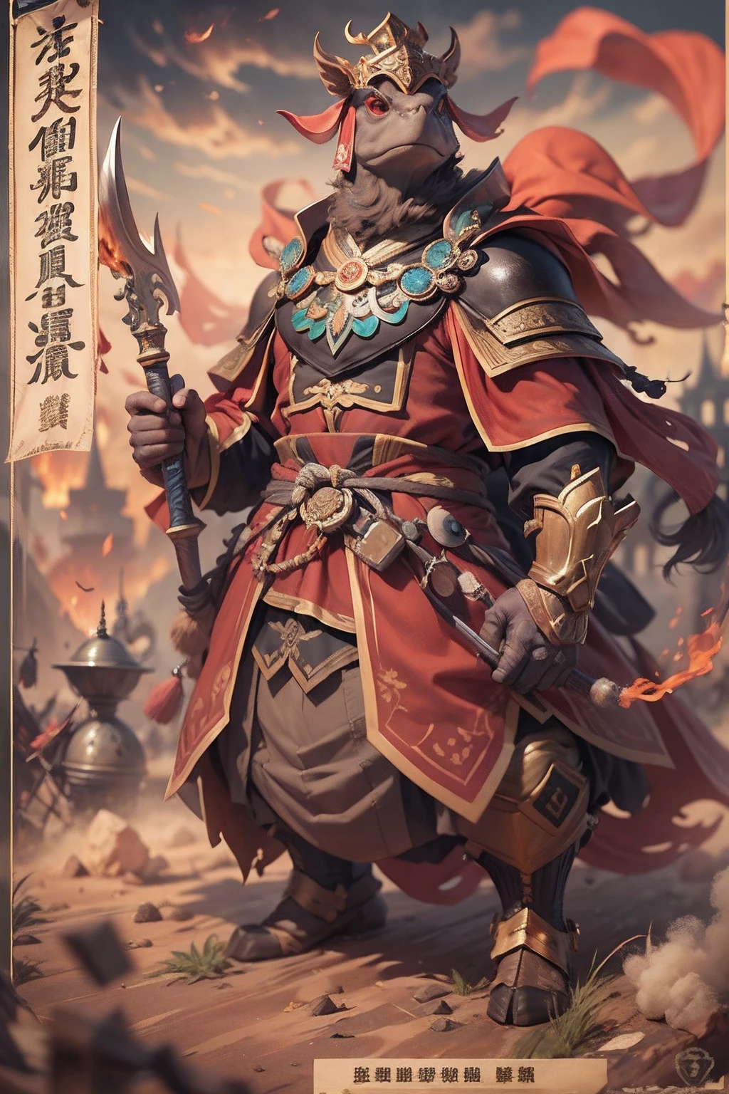 （anthropomorphic turtle），（Emperor Xingjun：1.4），coda，a tall body，Stout limbs，disdain，ran，tosen，The long hairs of the flame fluttered in the wind，combats，Dynamic lines，Dimly lit battlefield，Ruined castle，（stereoscopic perspective：1.4），Works of masters，super-fine，4K分辨率，high qulity，电影灯光，High picture detail，Detailed pubic hair，Epic shooting，Clearly focused hair，Detailed hair depiction，acurate