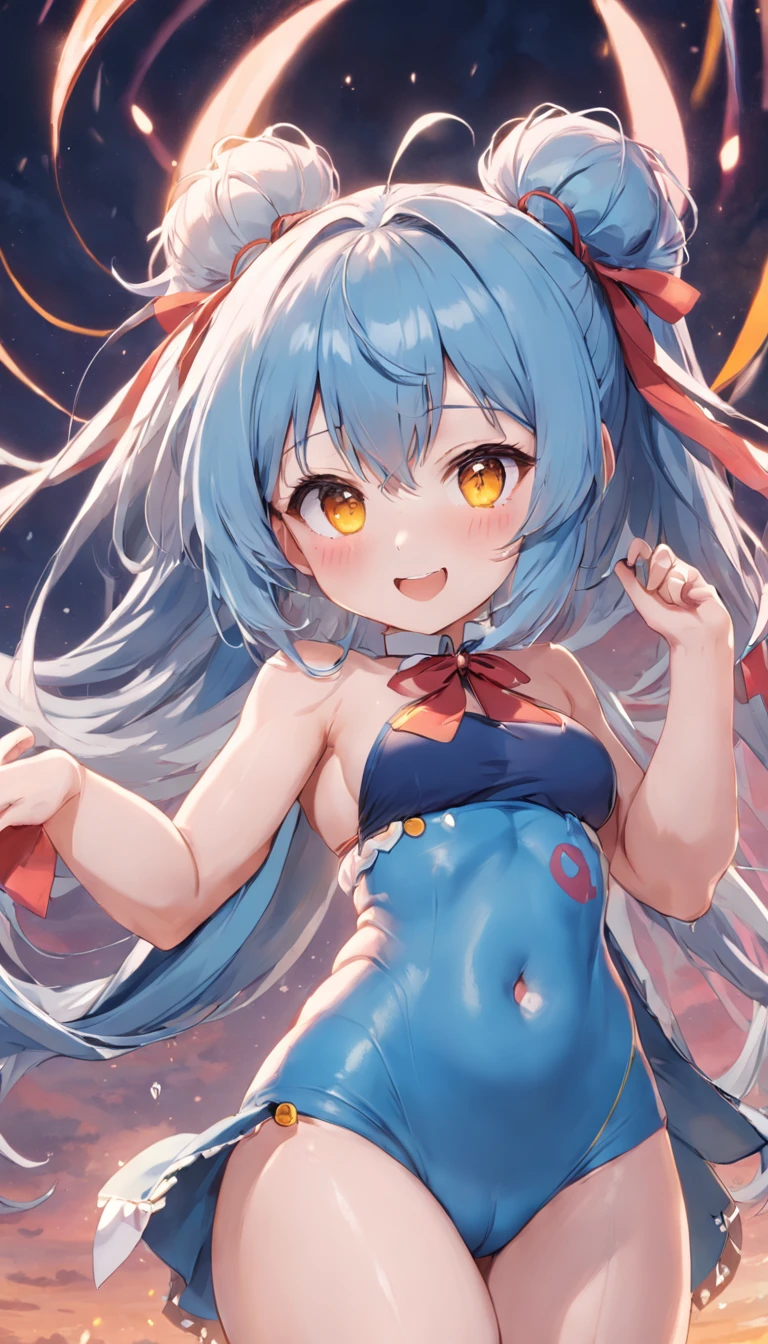 nsfw, , curvy, large breasts, hair over eyes, short ponytail, blue hair, hair ribbon, tsurime, yellow eyes, seductive smile, micro bikini, intercourse with a man, {{spooning}}, love juice,